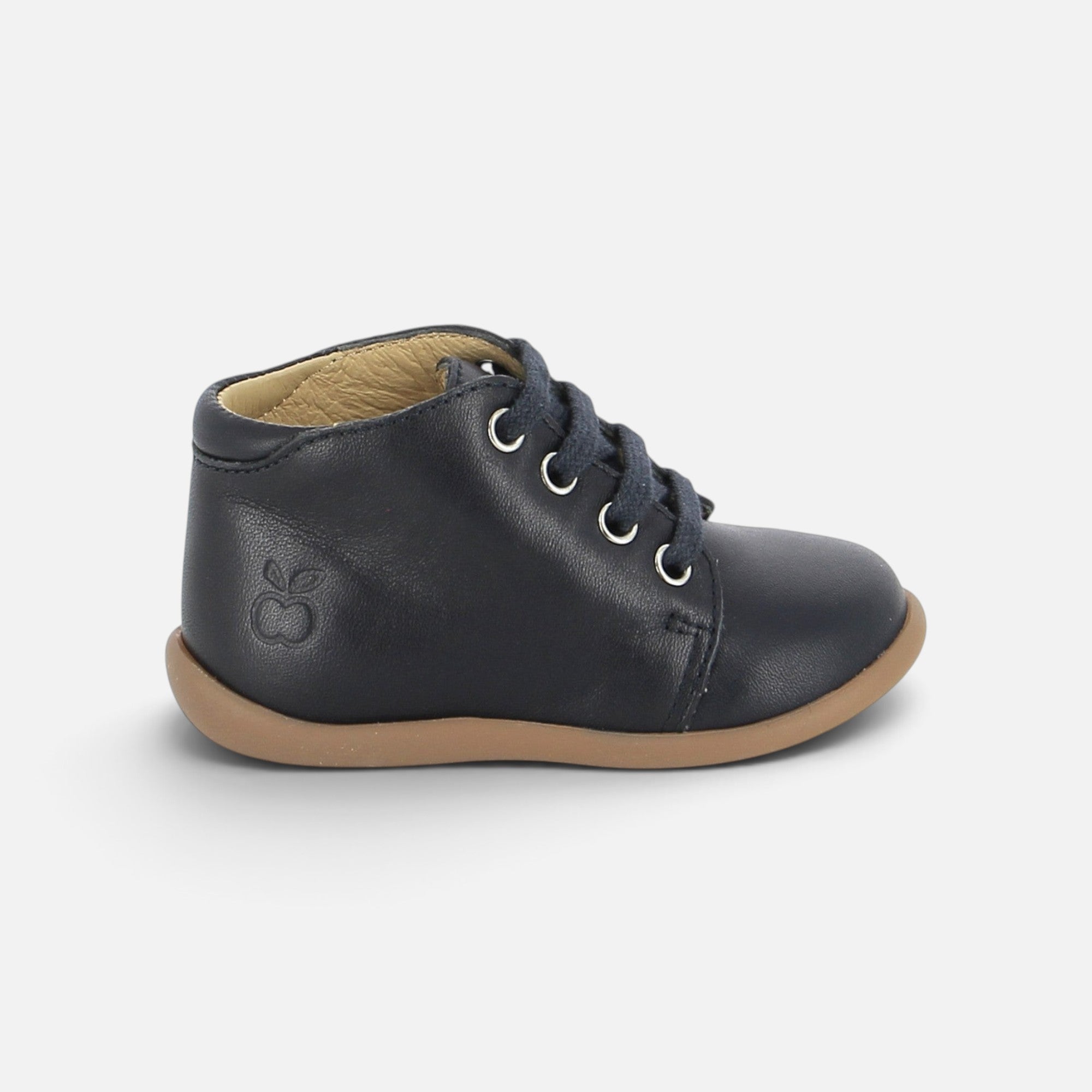 Bottines premiers pas Pom d'Api Stand-Up en cuir nappa bleu marine avec semelle souple et lacets