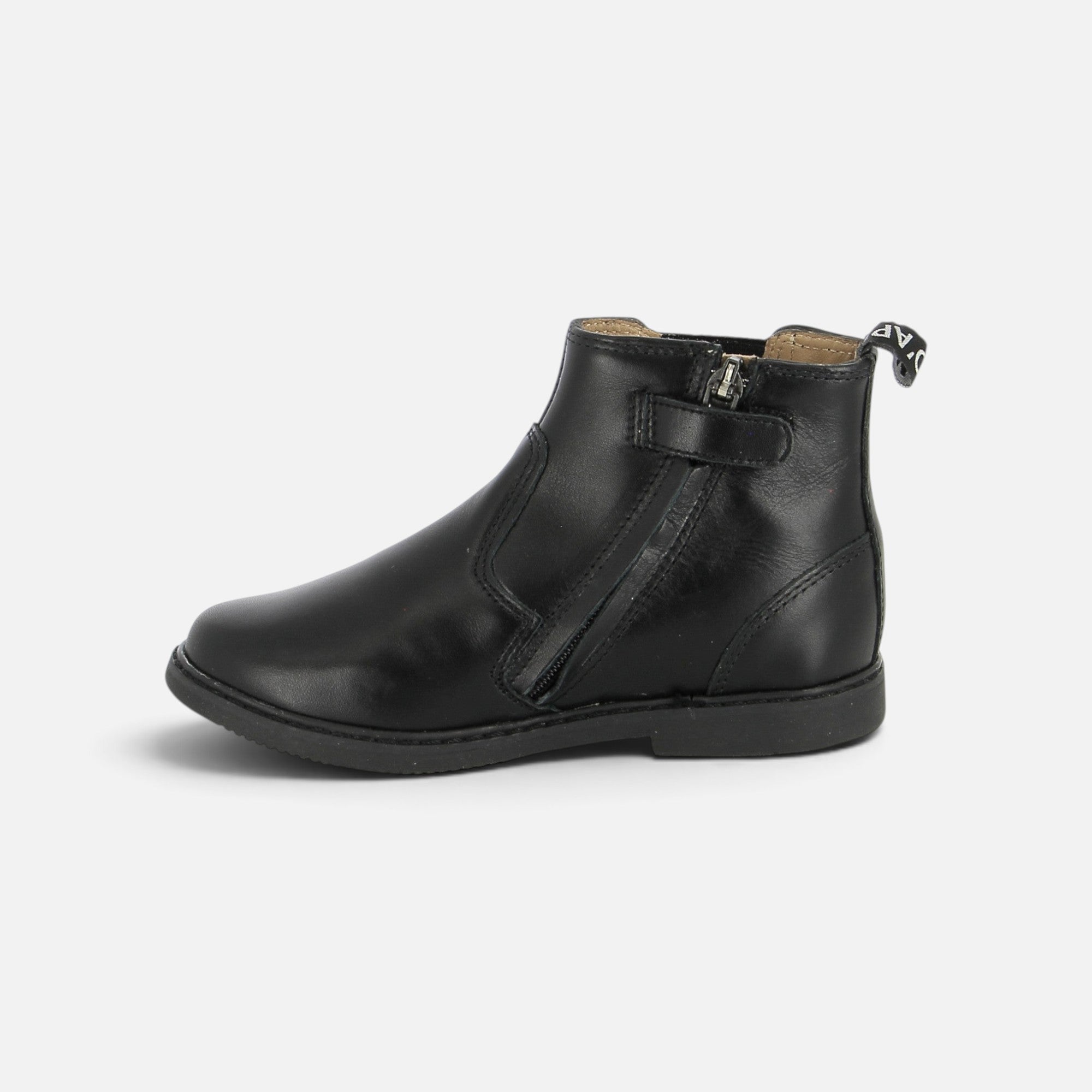 Bottines enfant Pom d'Api City en cuir nappa noir avec fermeture éclair latérale et languette arrière logotée