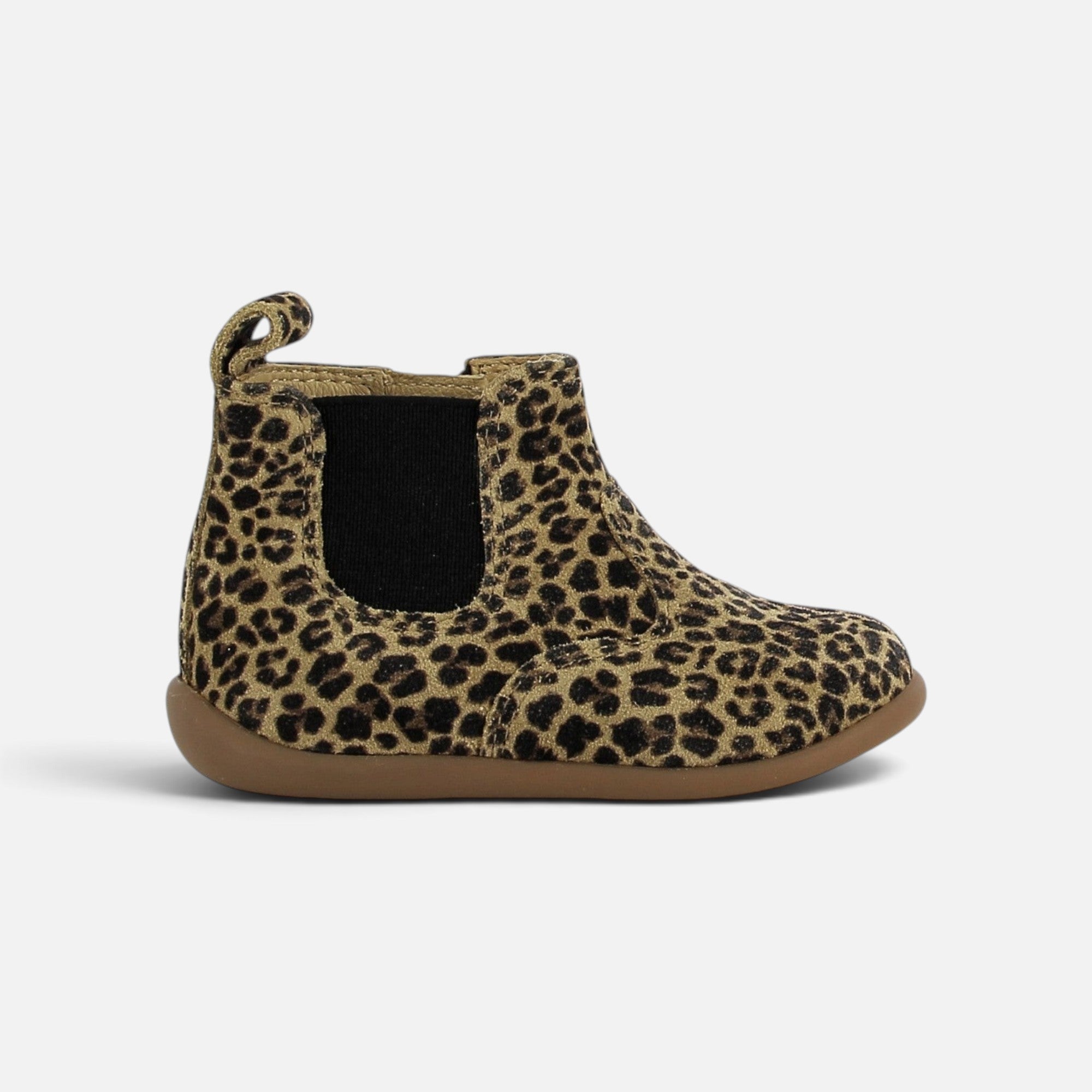 Bottines premiers pas Pom d'Api Stand-Up Jod en cuir imprimé léopard avec élastique noir et semelle souple