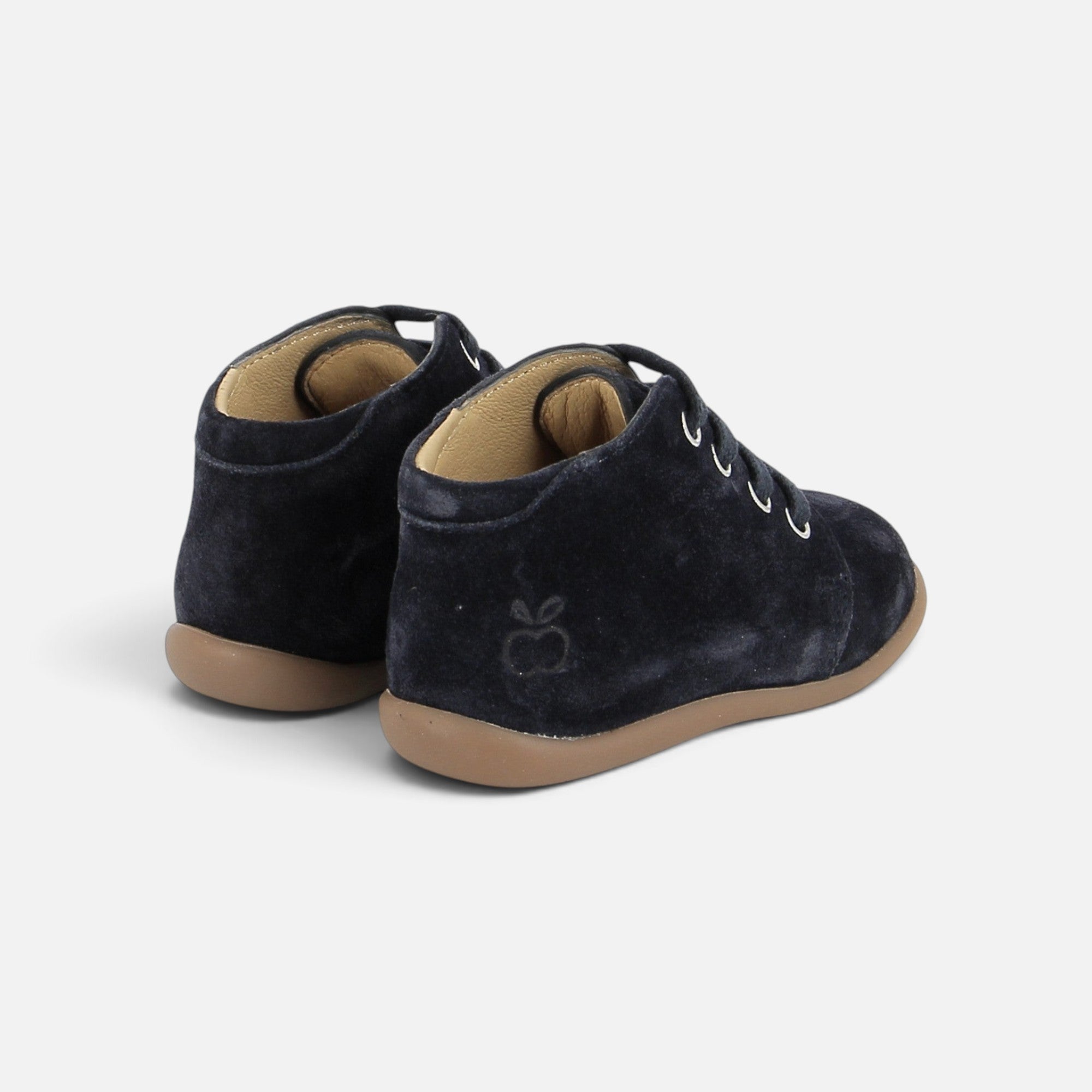 Bottines premiers pas Pom d'Api Stand-Up en velours bleu nuit avec semelle souple et contrefort renforcé