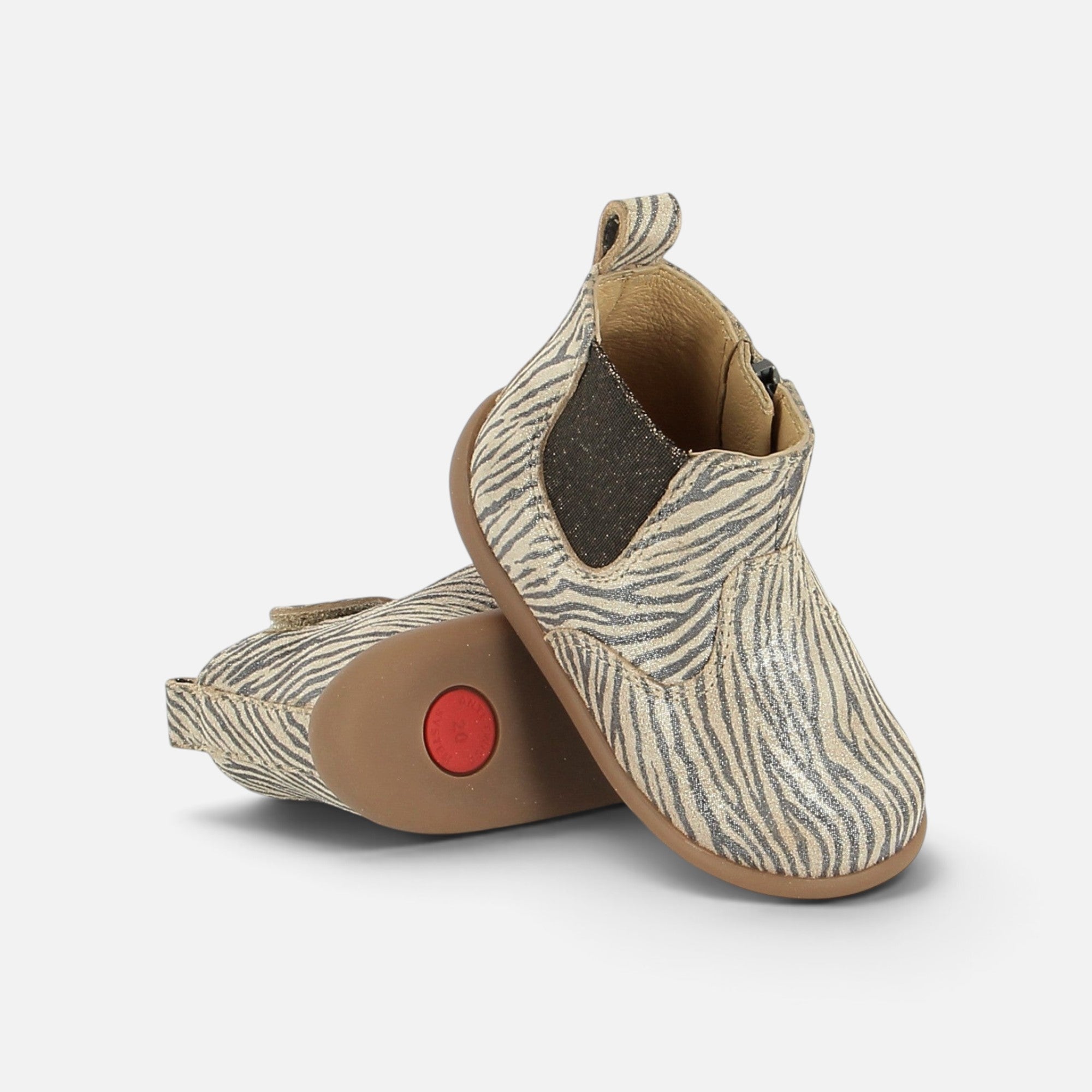 Bottines premiers pas Pom d'Api Masego en cuir imprimé zèbre avec semelle souple Anti-Twist et zip latéral
