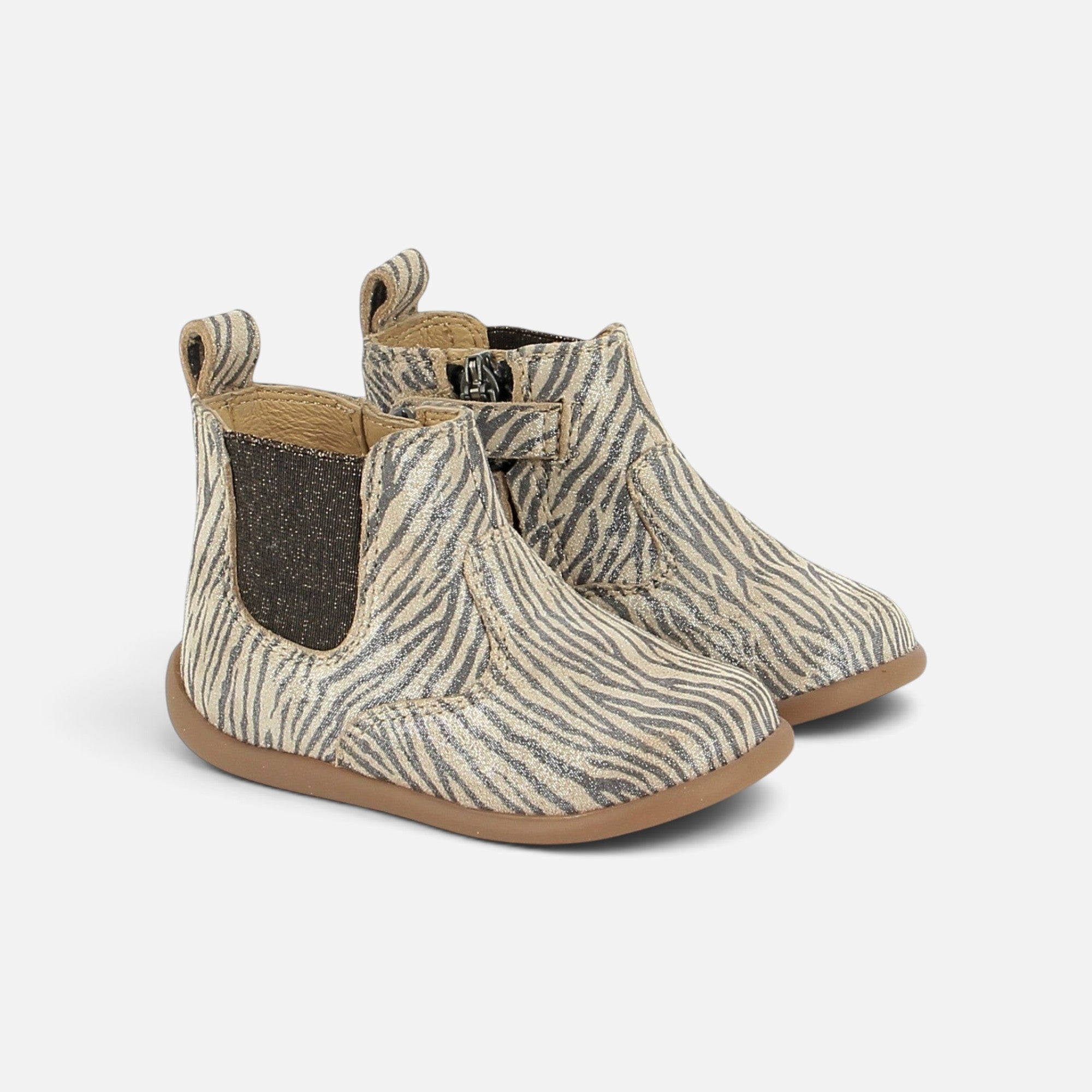 Bottines premiers pas Pom d'Api Masego en cuir à motif zébré métallisé avec fermeture élastique et zip latéral