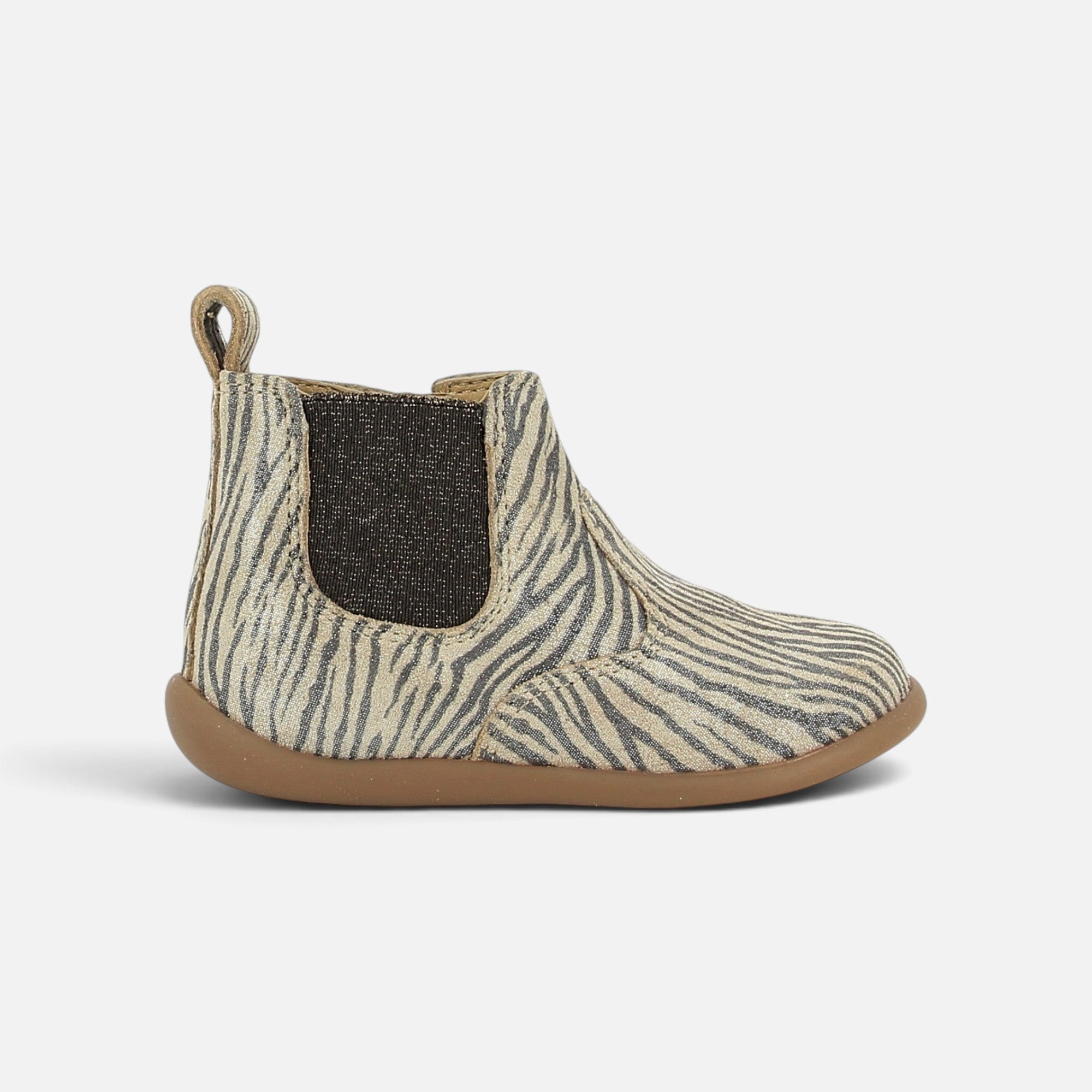 Bottines premiers pas Pom d'Api Masego en cuir imprimé zèbre avec élastique latéral et semelle souple en caoutchouc