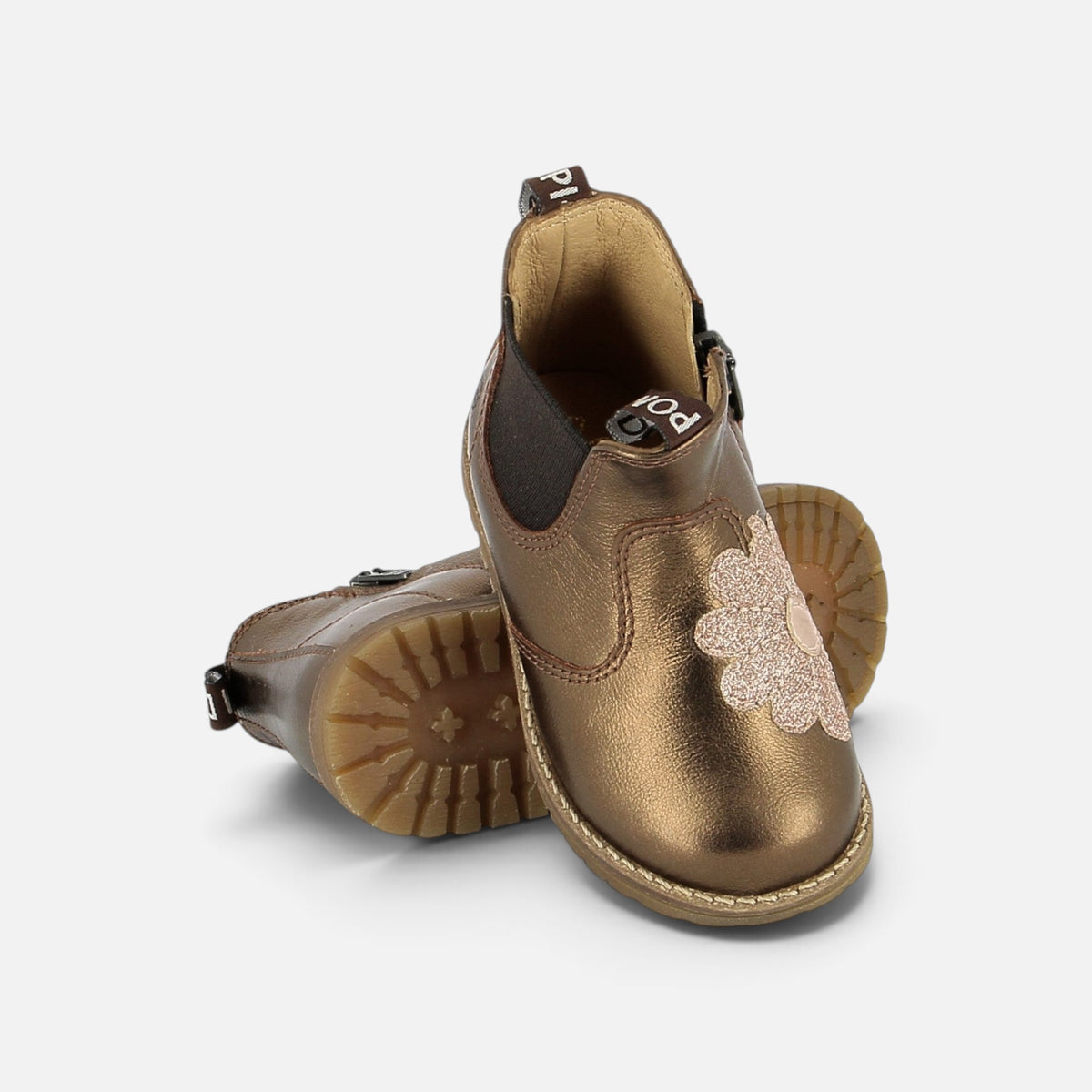 Bottines Chelsea Pom d'Api Bob Zip Flo en cuir laminé couleur cuivre avec motif fleur et semelle antidérapante