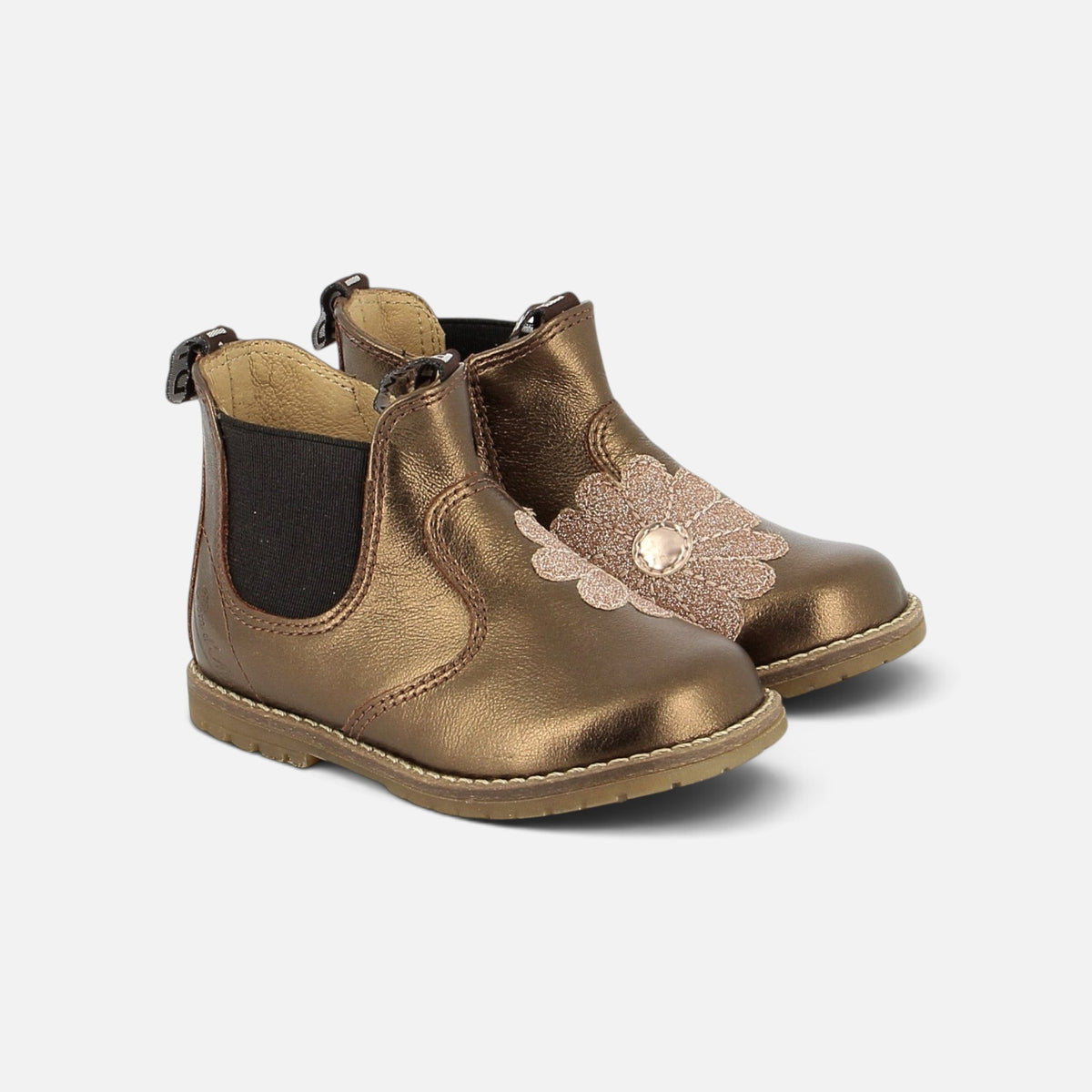 Bottines Chelsea Pom d'Api Bob Zip Flo en cuir laminé couleur cuivre avec motif fleur et zip latéral