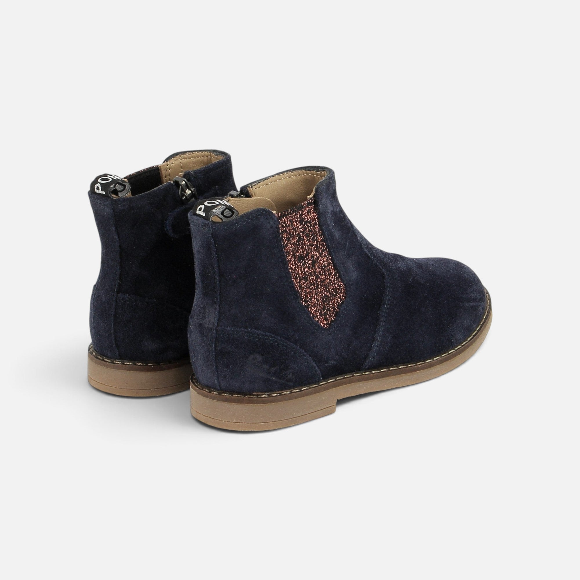 Bottines Chelsea Pom d'Api Trip en cuir velours bleu marine avec empiècement élastique pailleté et zip latéral