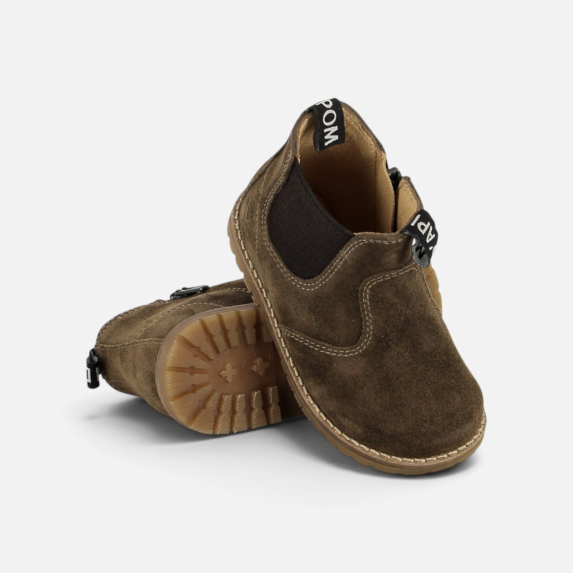 Bottines Chelsea Pom d'Api Bob en velours couleur mousse avec zip latéral et semelle antidérapante souple