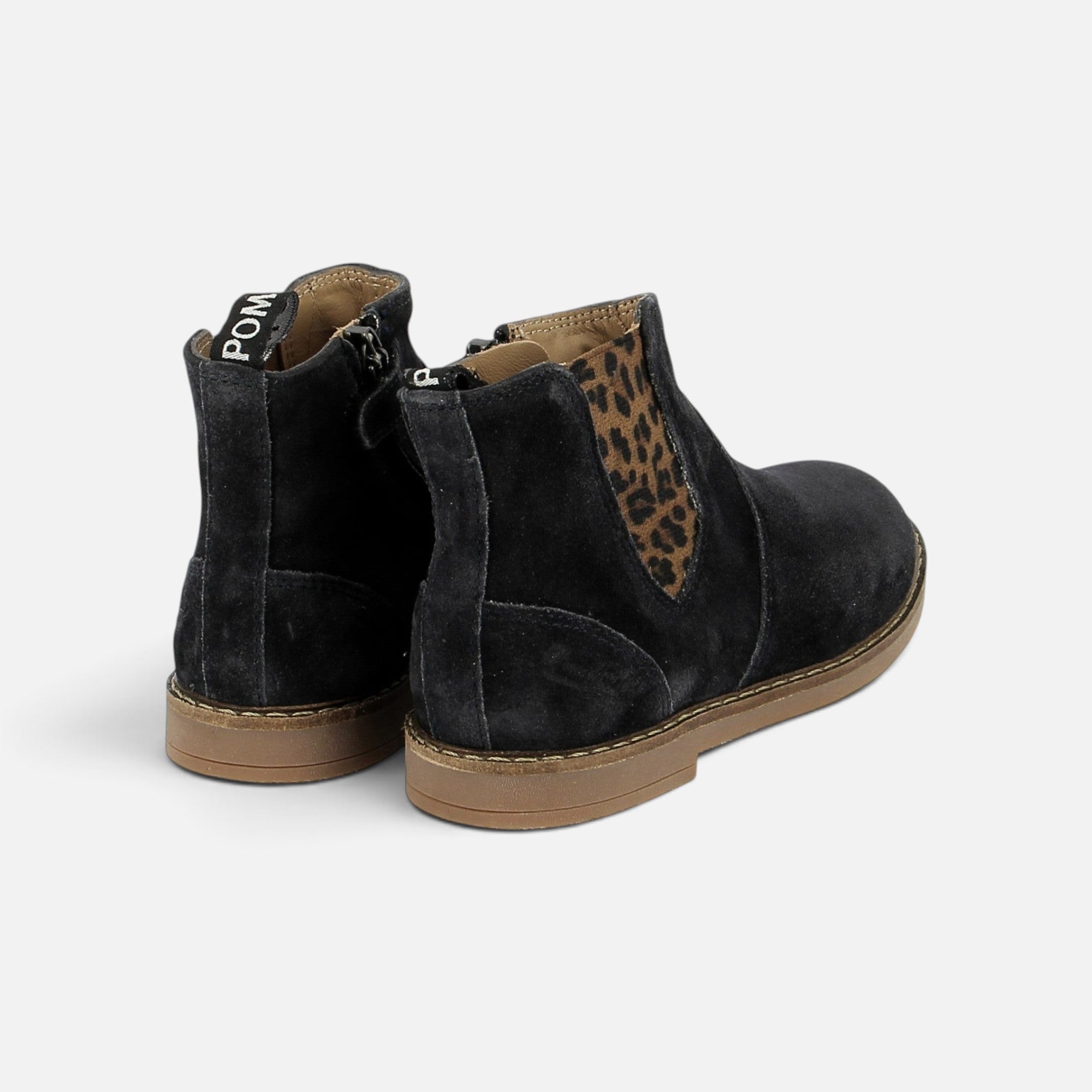 Bottines Chelsea Pom d'Api en cuir velours noir avec empiècement élastique léopard et fermeture éclair latérale
