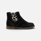 Bottines Pom d'Api City en velours noir avec empiècement élastique à motif léopard et fermeture éclair latérale