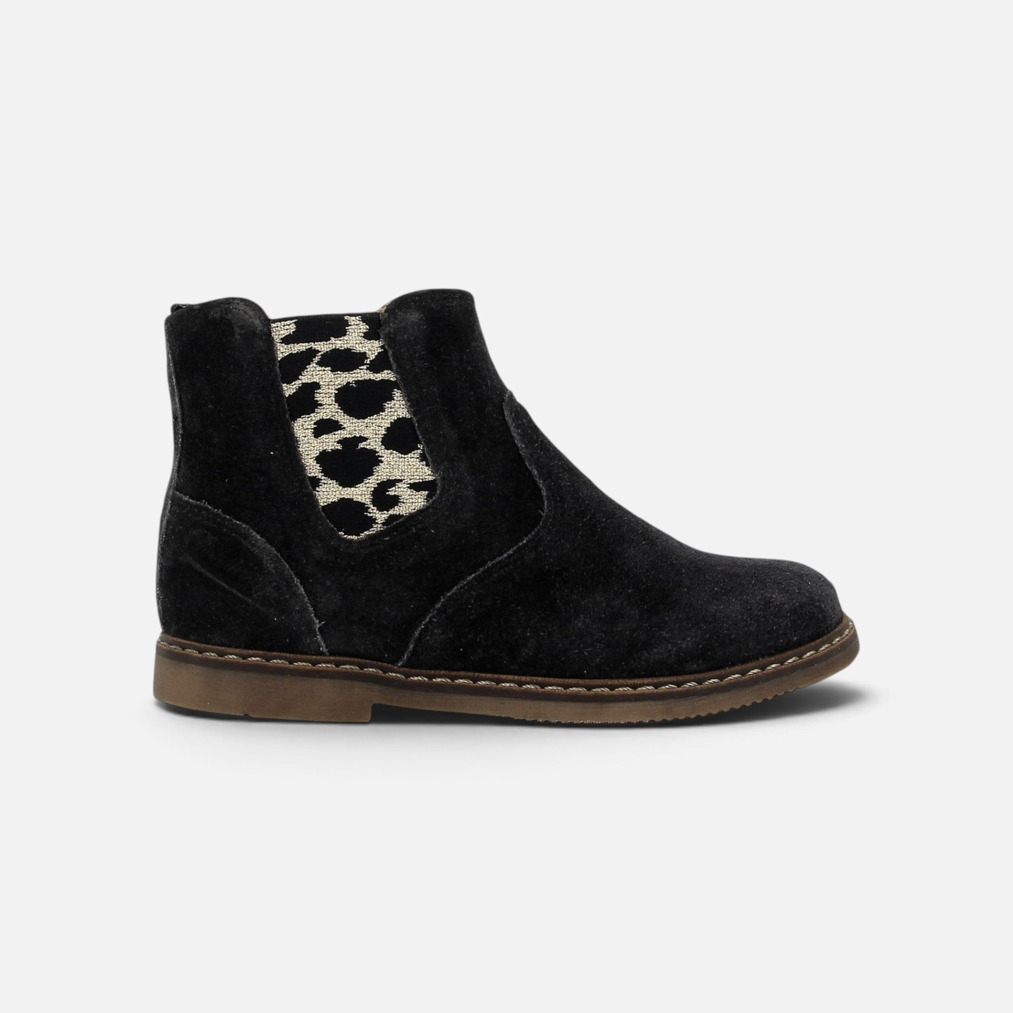 Bottines Pom d'Api City en velours noir avec empiècement élastique à motif léopard et fermeture éclair latérale