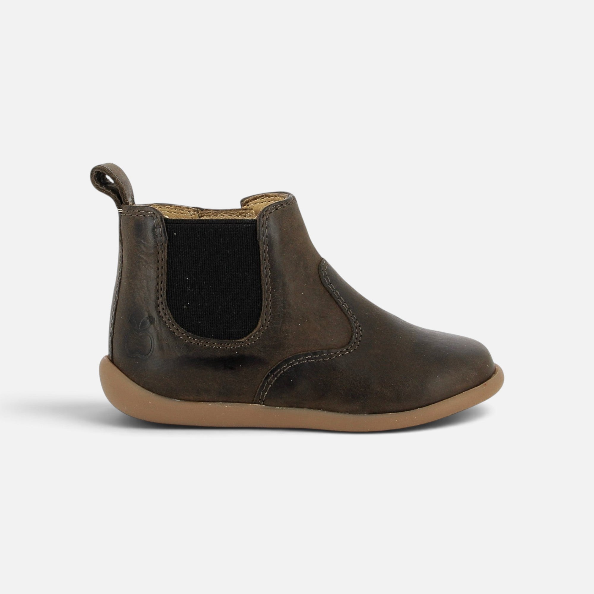 Bottines premiers pas Pom d'Api en cuir brun avec élastique latéral et semelle souple pour un maintien naturel