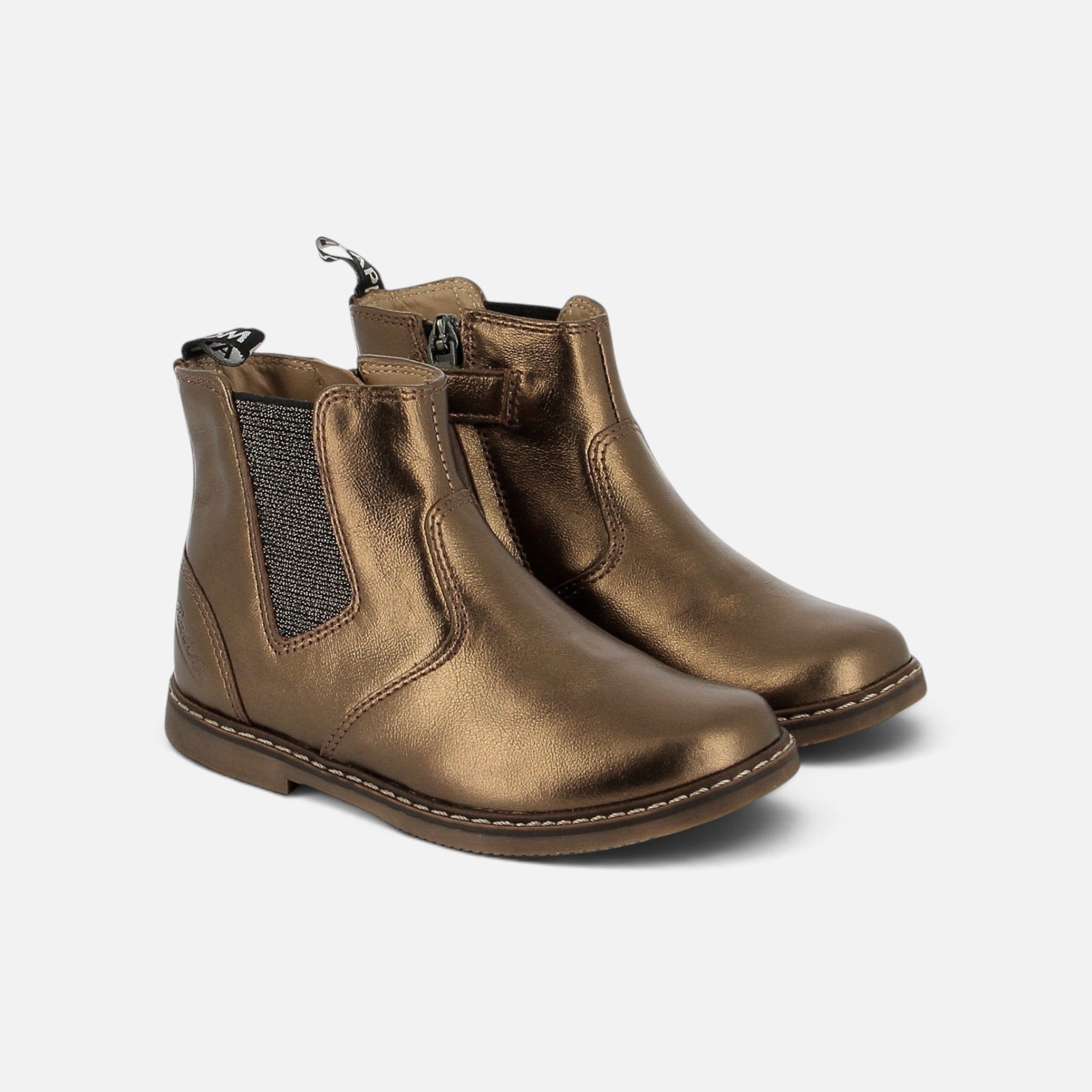 Bottines Pom d'Api City en cuir laminé couleur cuivre foncé avec zip latéral et empiècement élastique brillant