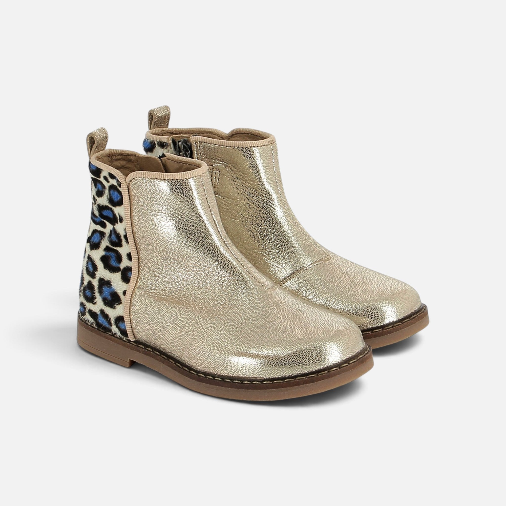 Bottines Pom d'Api Trip en cuir doré métallisé avec empiècement arrière imprimé léopard bleu et fermeture zippée.