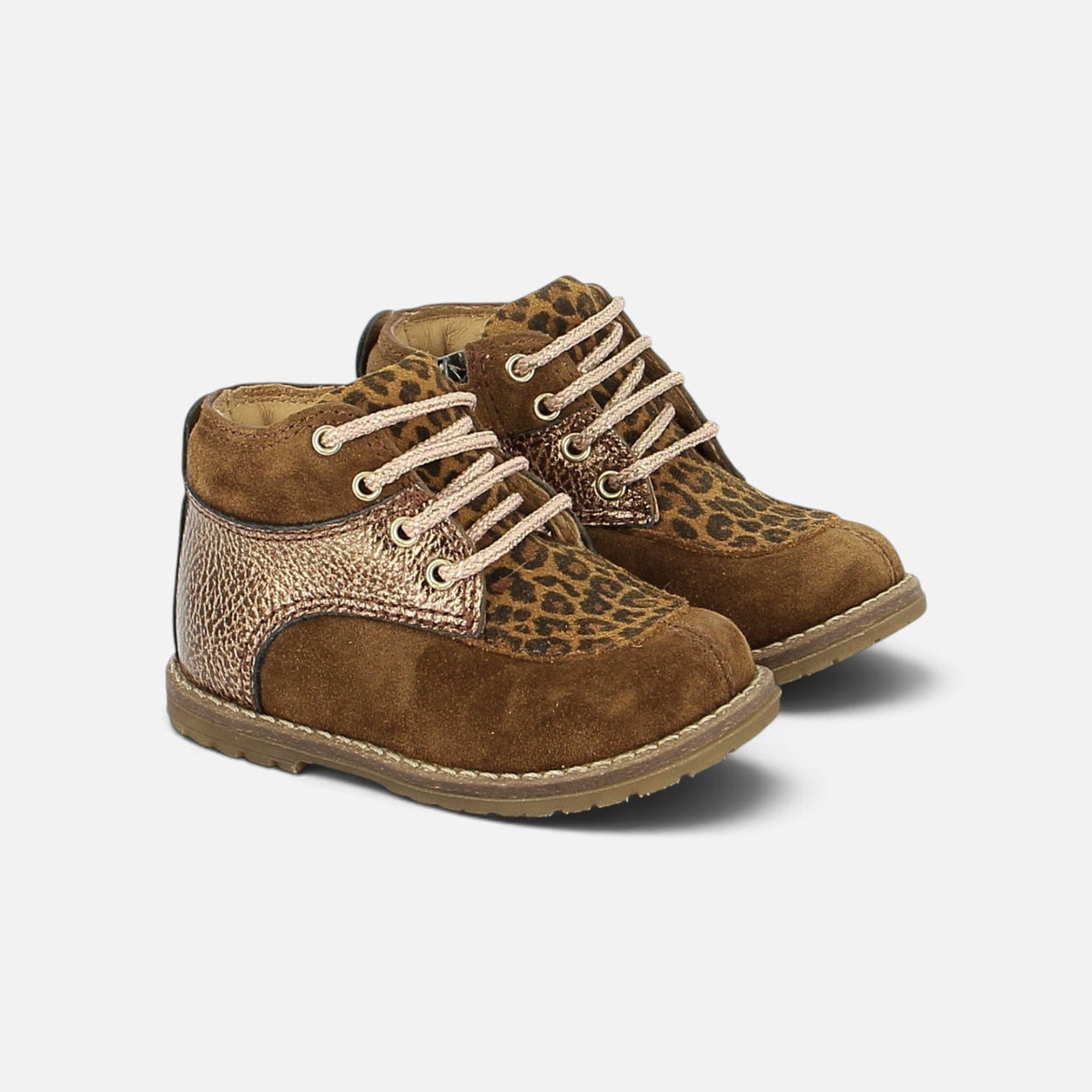Bottines Pom d'Api Bob Hunter en cuir suédé marron et imprimé léopard avec détails métallisés et lacets