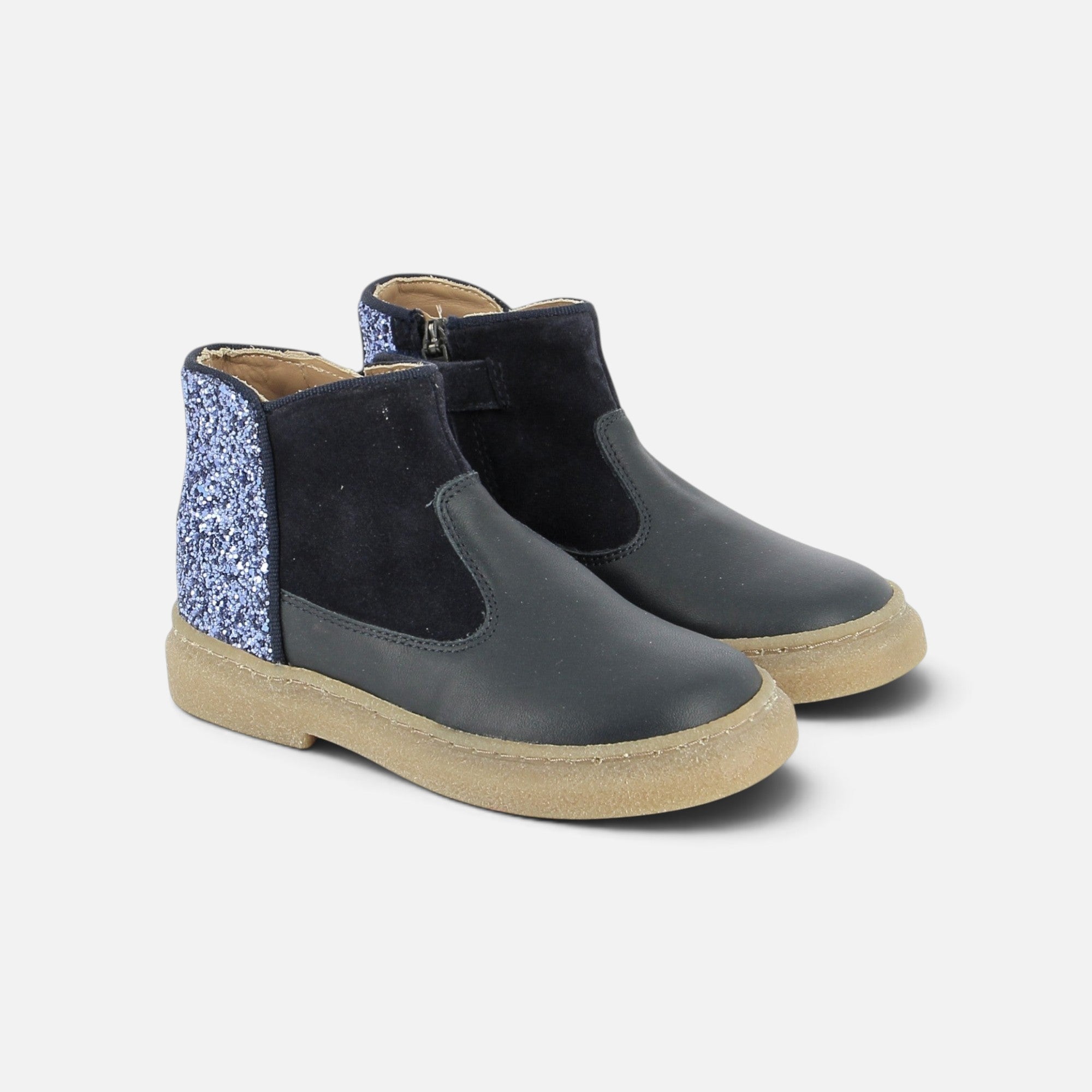 Bottines Pom d'Api Trix Back bleu marine en cuir et velours avec détails pailletés et semelle en caoutchouc souple