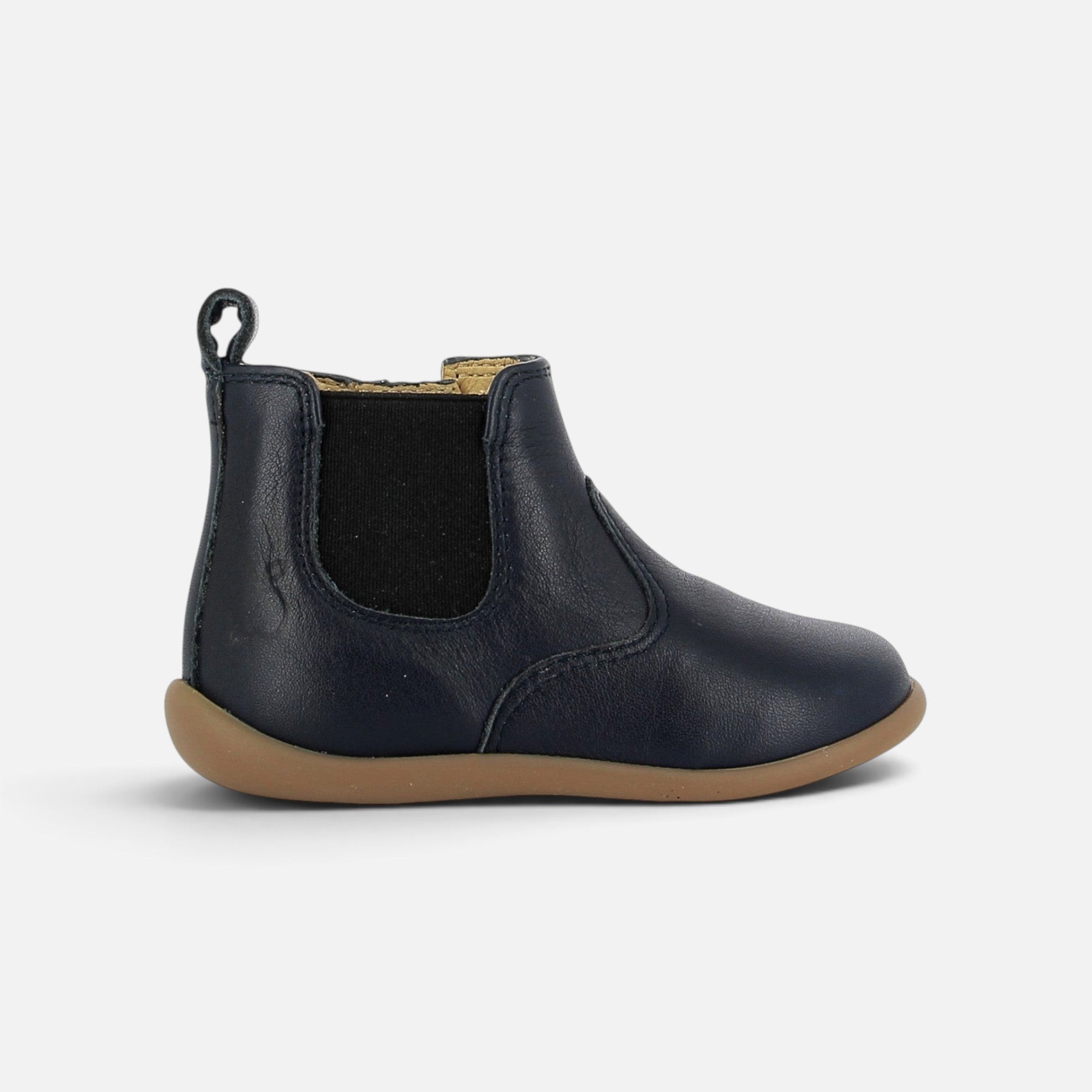 Bottines premiers pas Pom d'Api Stand-Up Buda en cuir bleu marine avec semelle souple et élastiques latéraux