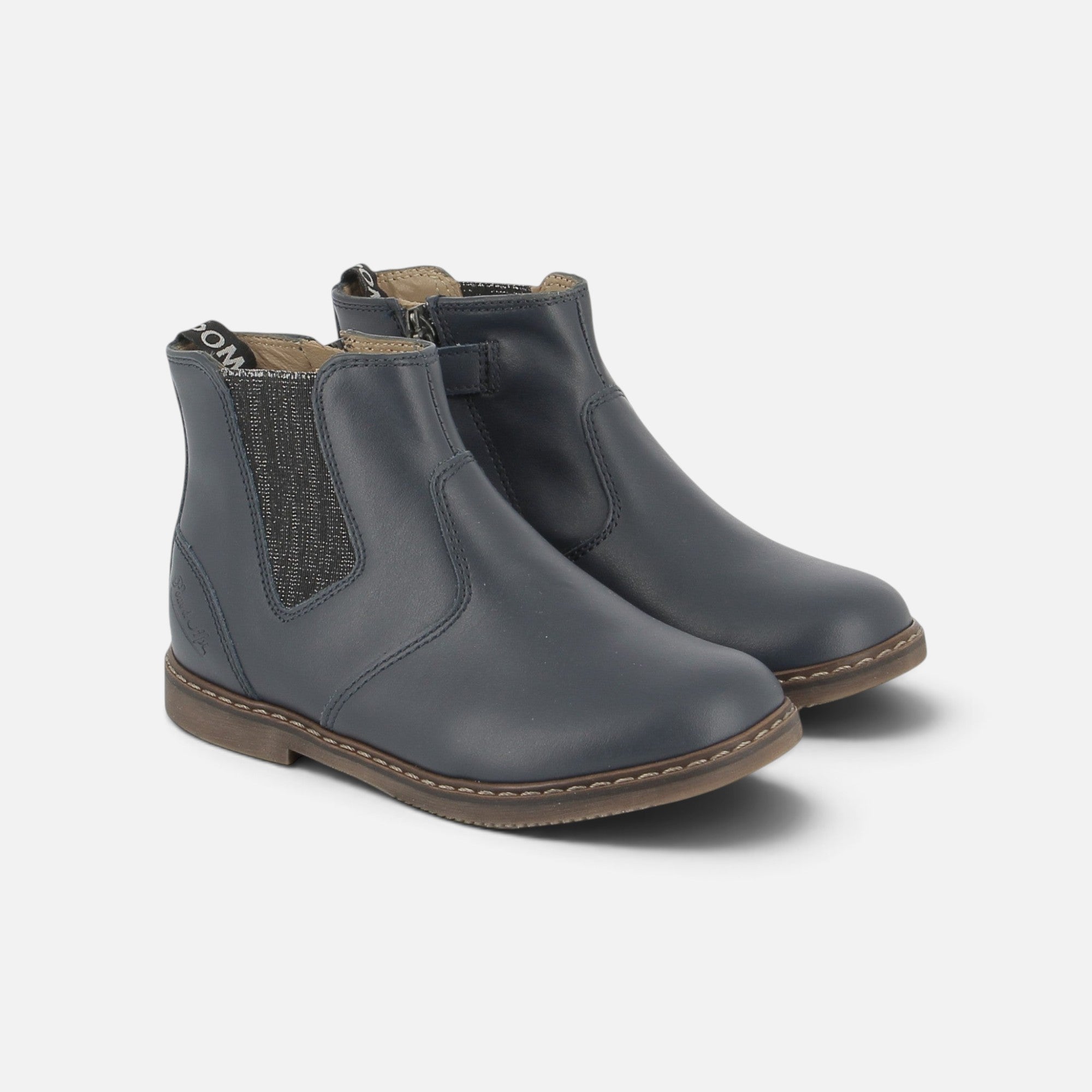 Bottines enfant Pom d'Api City en cuir bleu marine avec zip latéral et empiècement élastique pailleté