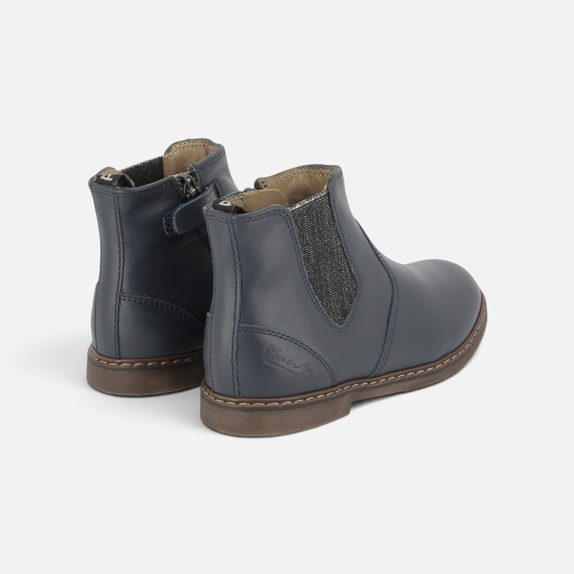Bottines enfant Pom d'Api City en cuir bleu marine avec zip latéral et empiècement élastique pailleté