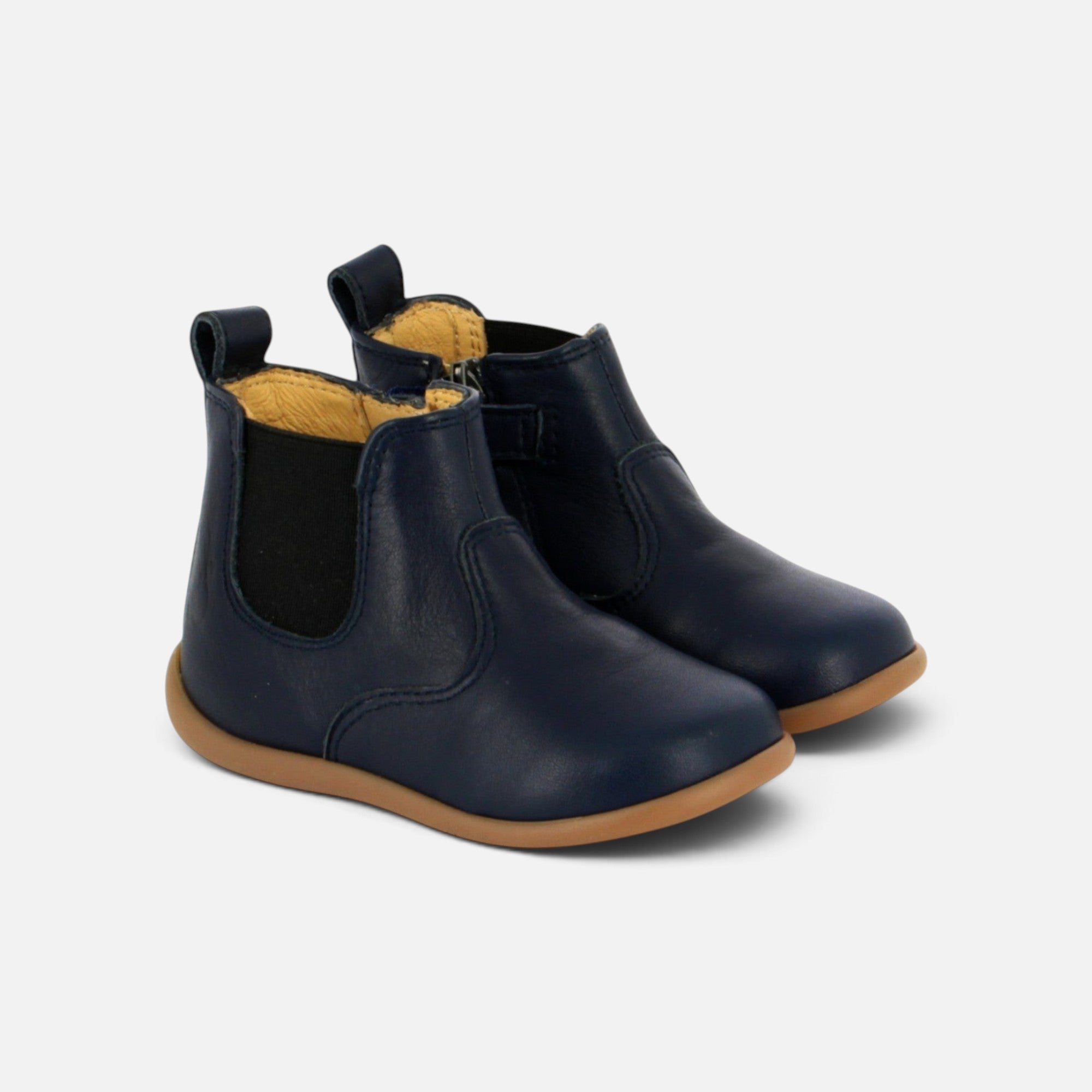 Bottines premiers pas Pom d'Api Buda marine en cuir avec zip latéral, élastique et semelle souple anti-torsion