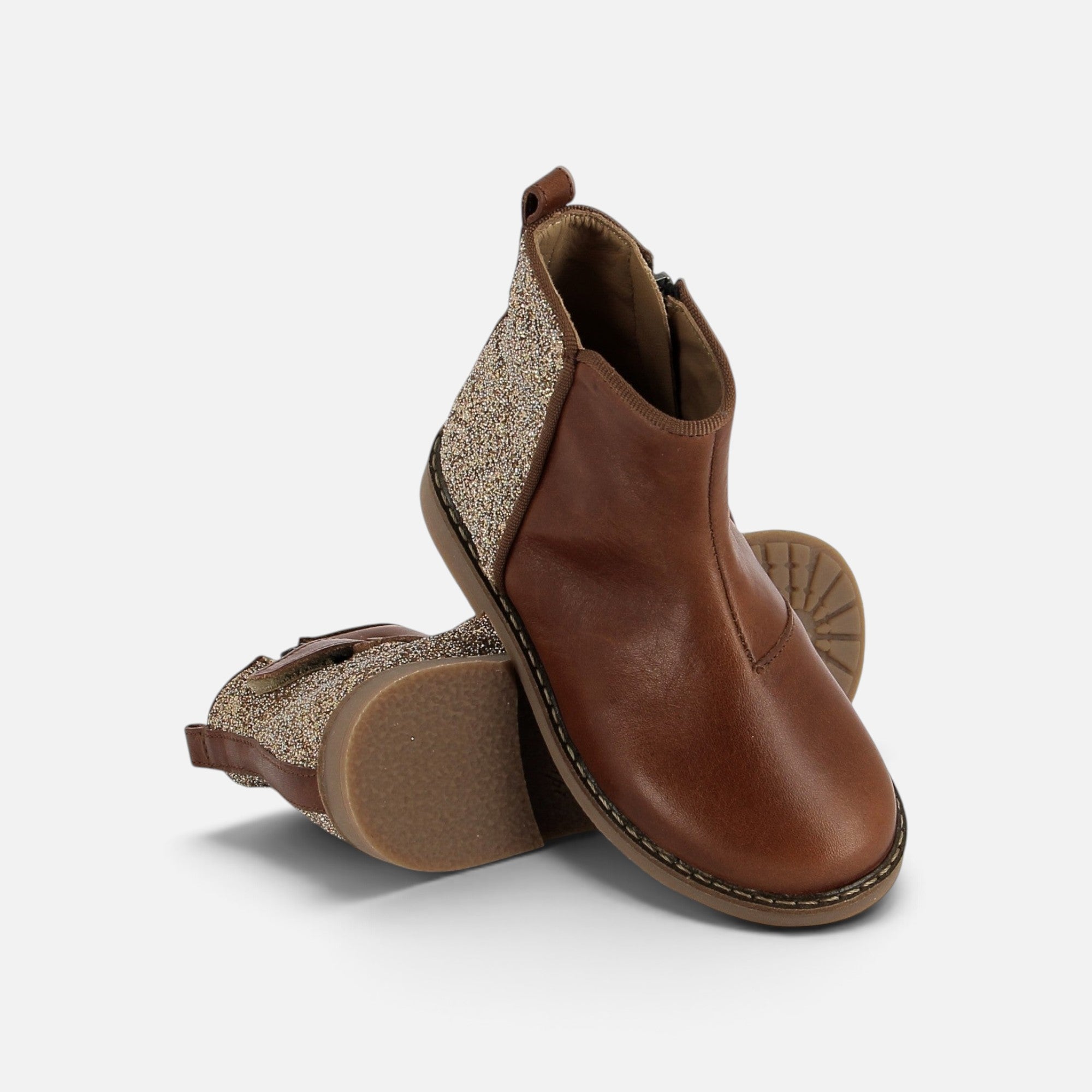 Bottines Pom d'Api Trip en cuir marron lisse avec empiècement arrière glitter platine et fermeture zippée latérale