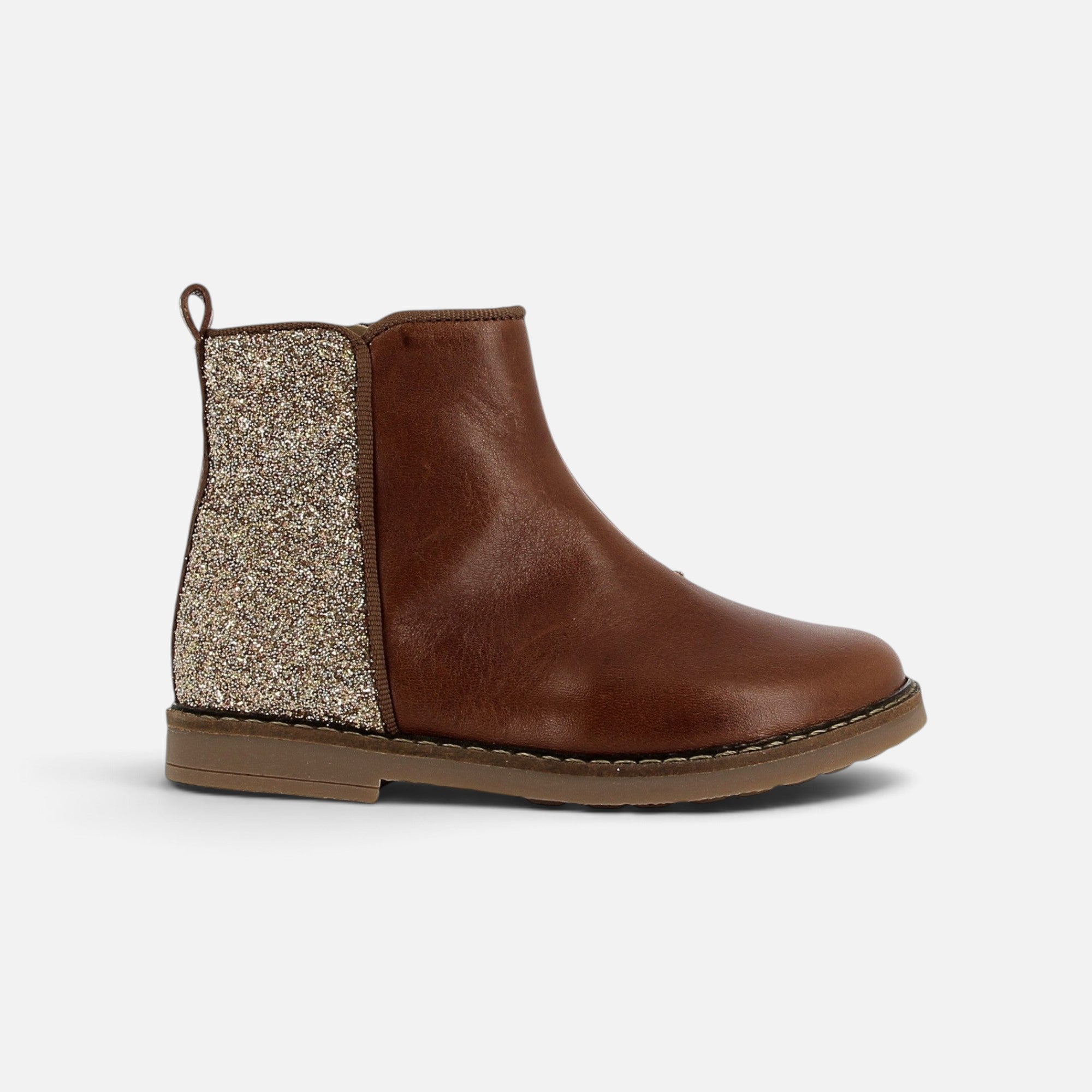 Bottines Pom d'Api Trip en cuir marron lisse avec empiècement arrière en glitter platine et fermeture zippée latérale