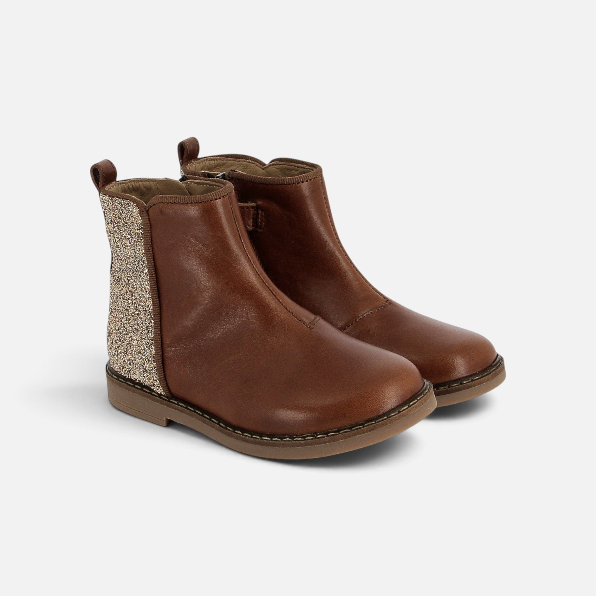 Bottines Pom d'Api Trip en cuir marron lisse avec empiècement arrière pailleté platine et fermeture zippée latérale