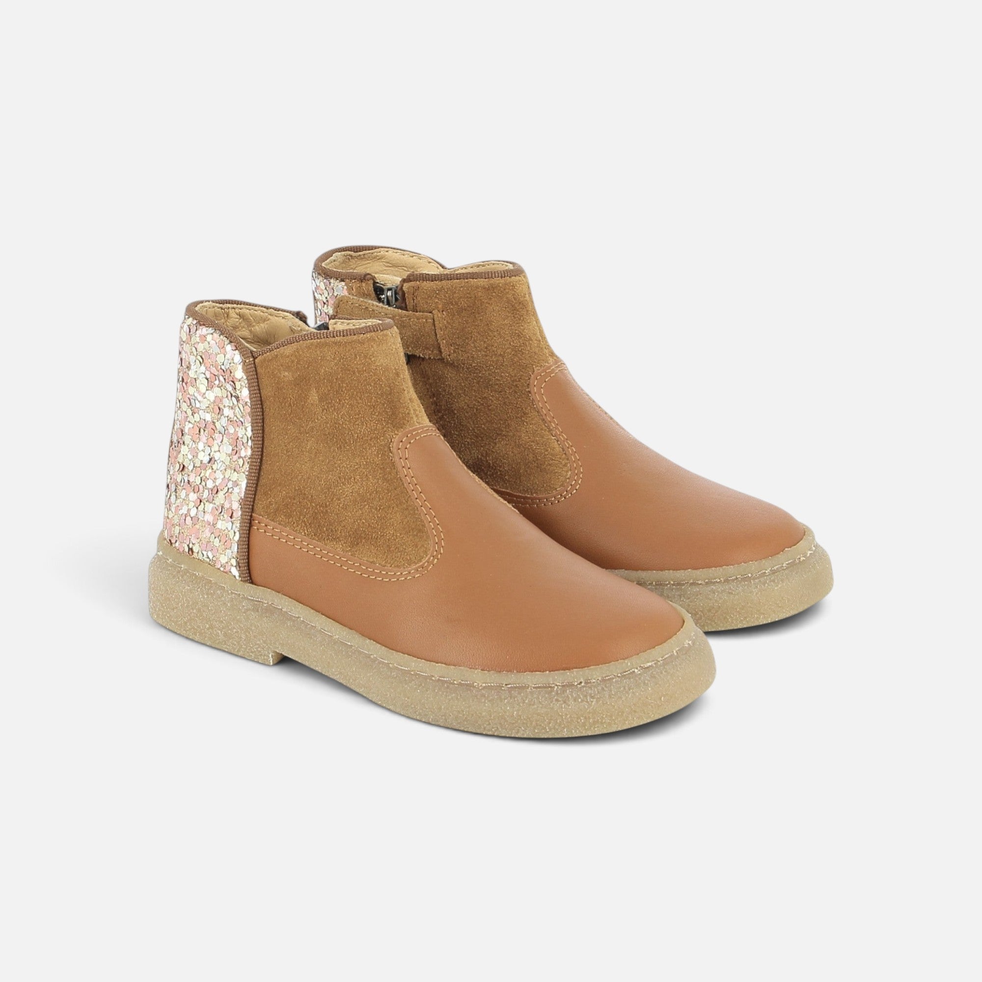 Bottines Pom d'Api Trix Back en cuir marron et détails pailletés avec semelle souple et fermeture zippée arrière