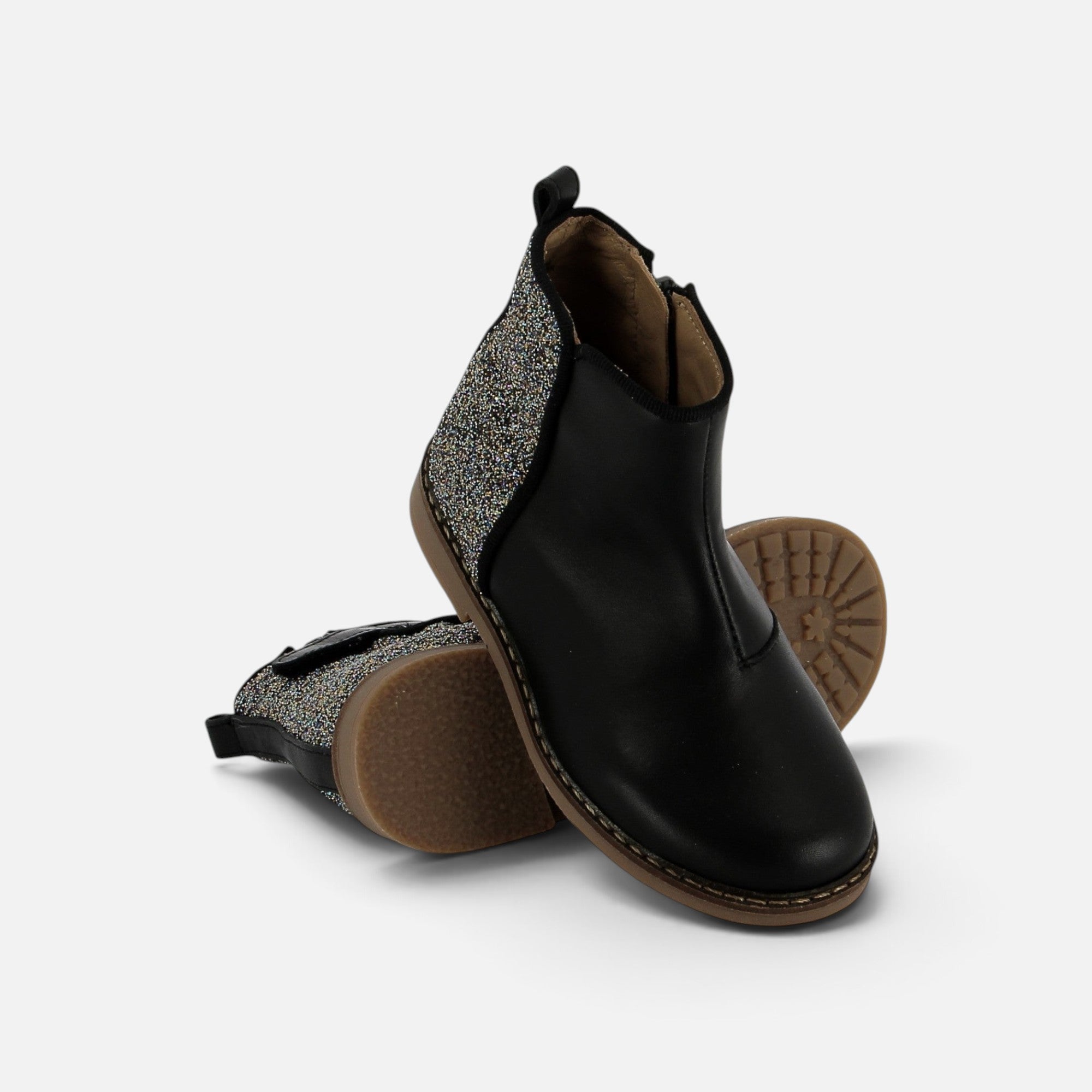 Bottines Pom d'Api Trip en cuir noir lisse avec empiècement arrière en glitter multicolore et semelle souple