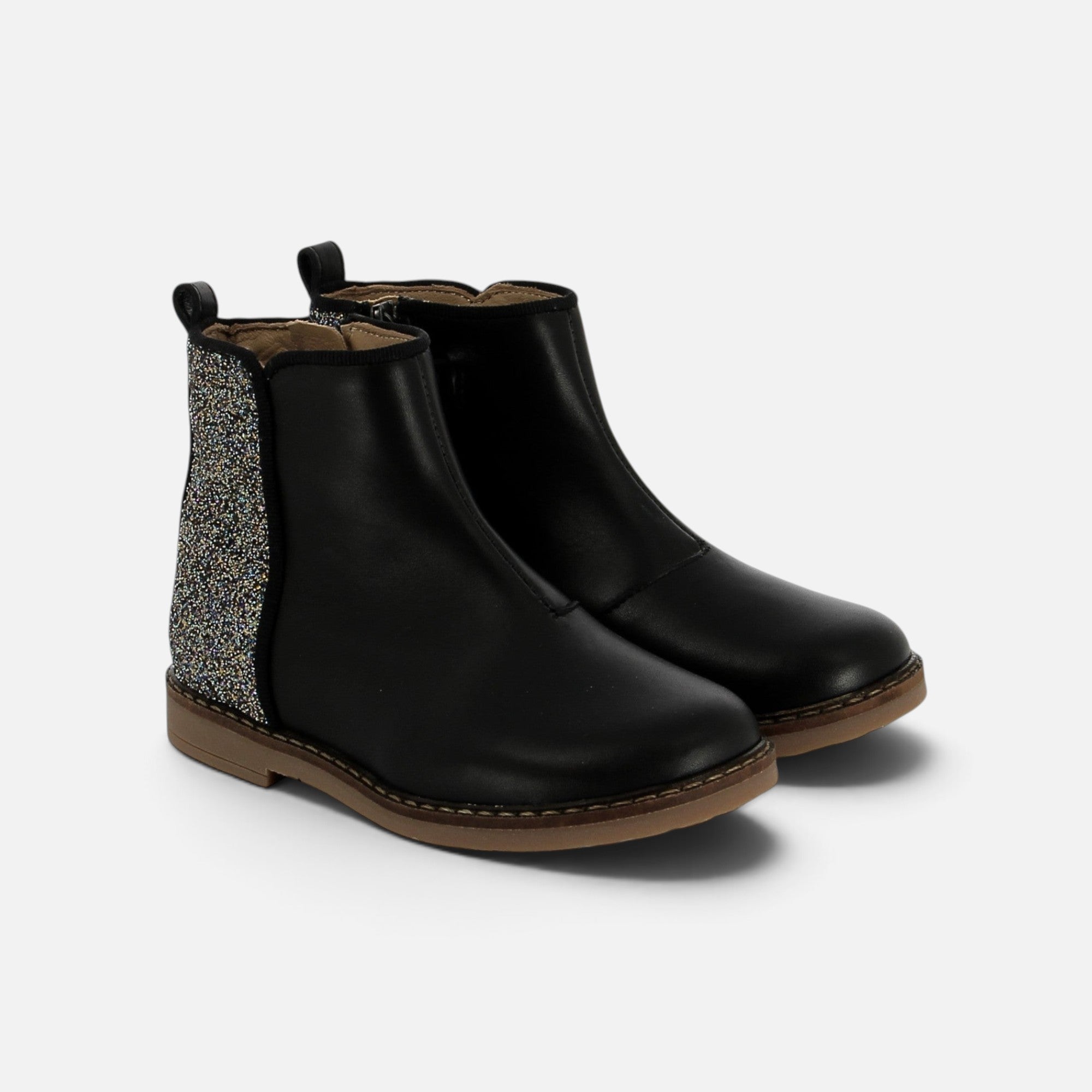 Bottines Pom d'Api Trip en cuir noir lisse avec empiècement arrière à paillettes multicolores et fermeture zippée