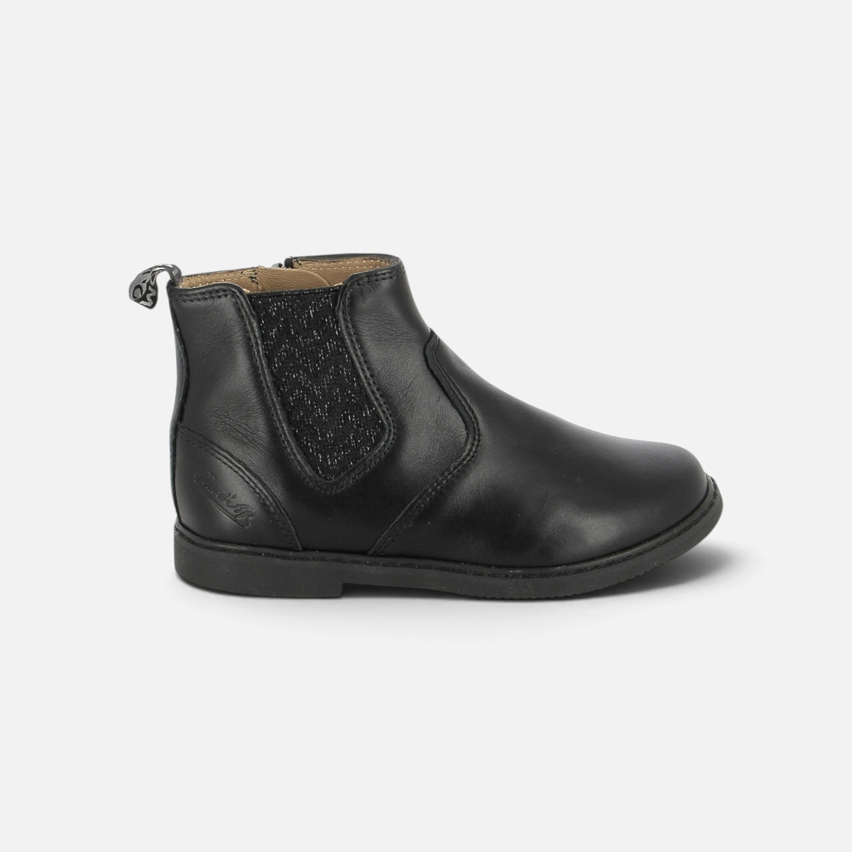 Bottines enfant Pom d'Api City en cuir nappa noir avec zip latéral et empiècement élastique brillant