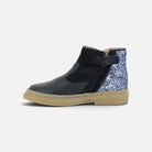 Bottines Pom d'Api Trix Back bleu marine en cuir et daim avec détail pailleté au talon et fermeture zippée arrière