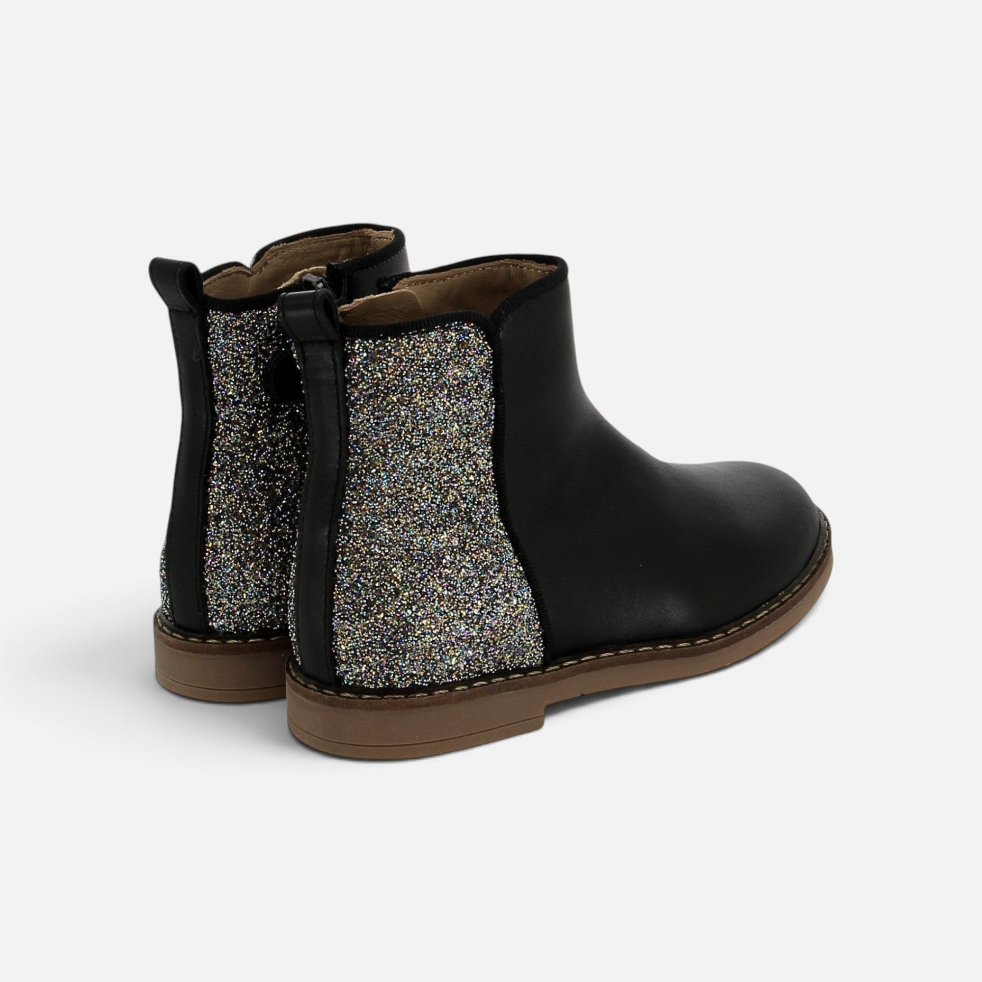 Bottines Pom d'Api Trip en cuir noir avec empiècement arrière à paillettes multicolores et fermeture zippée