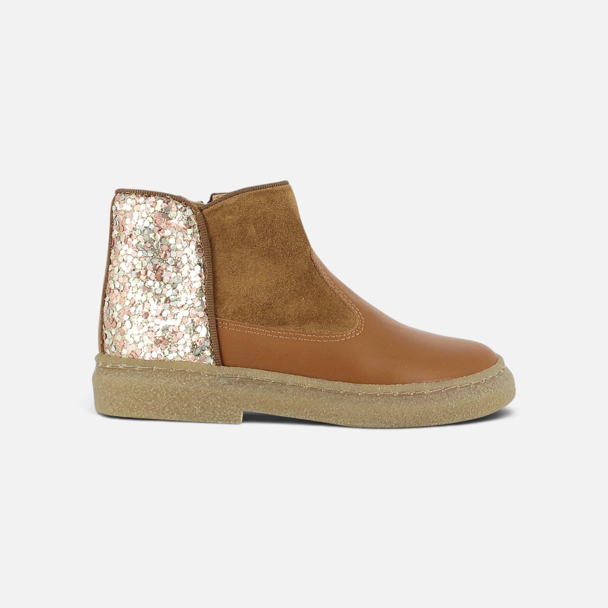 Bottines Pom d'Api Trix Back en cuir marron et daim avec talon pailleté et semelle souple en caoutchouc