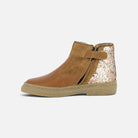 Bottines Pom d'Api Trix Back en cuir marron et daim avec talon pailleté et fermeture zippée arrière