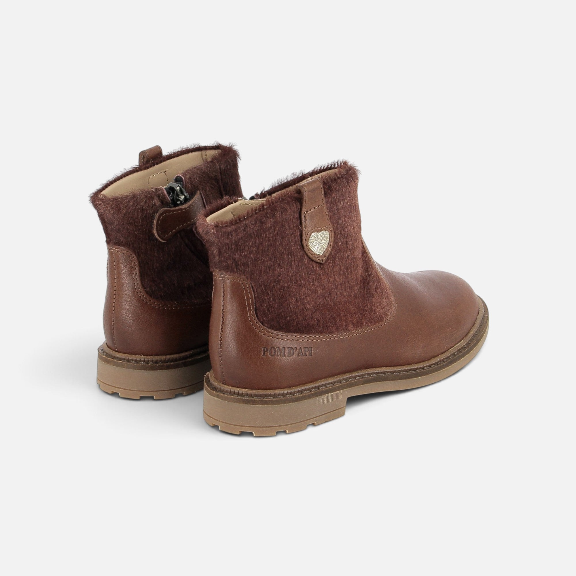 Bottines enfant Pom d'Api Sister marron en cuir lisse et cuir à poil ras avec fermeture éclair latérale