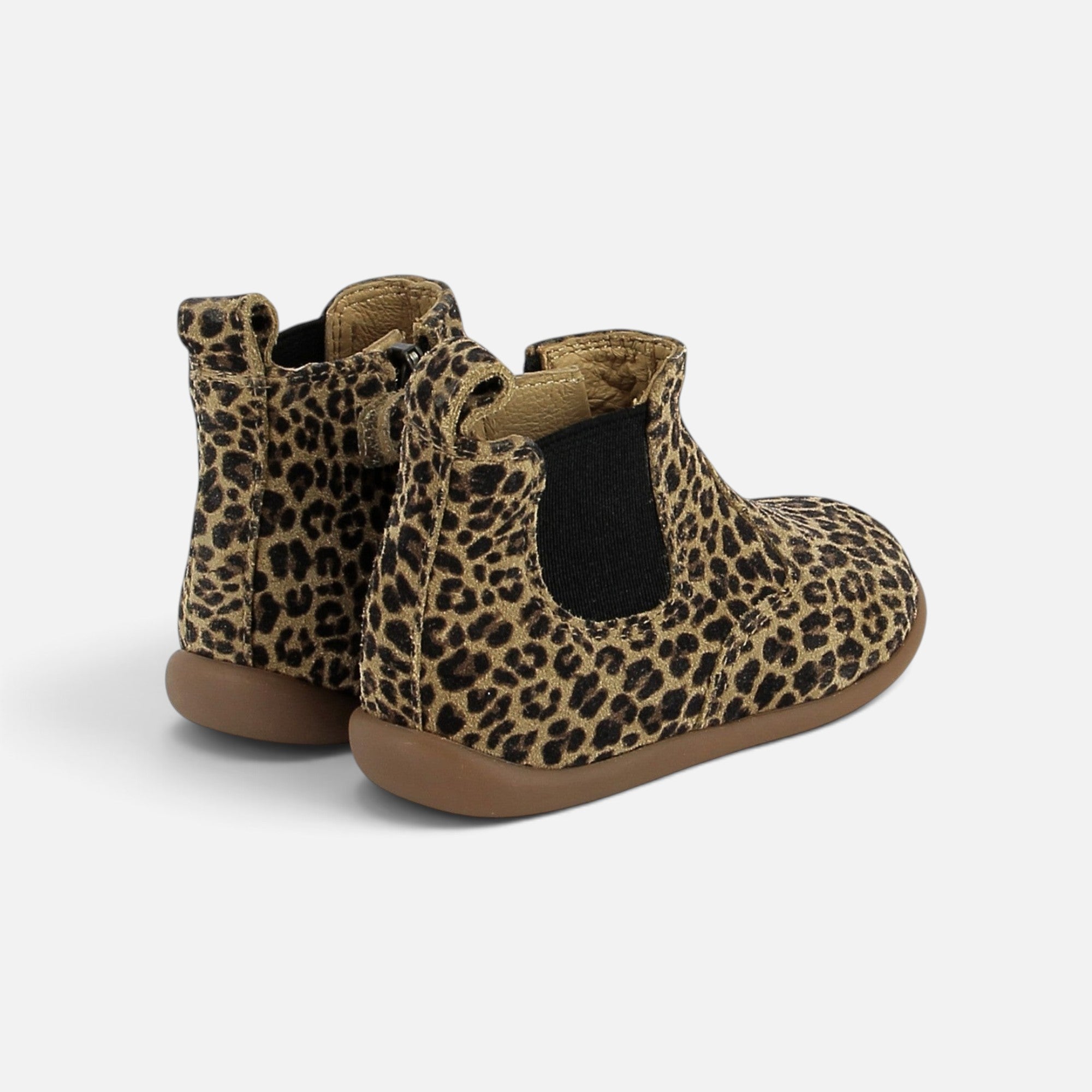 Bottines premiers pas Pom d'Api Stand-Up Jod en cuir imprimé léopard avec élastique noir et semelle souple marron