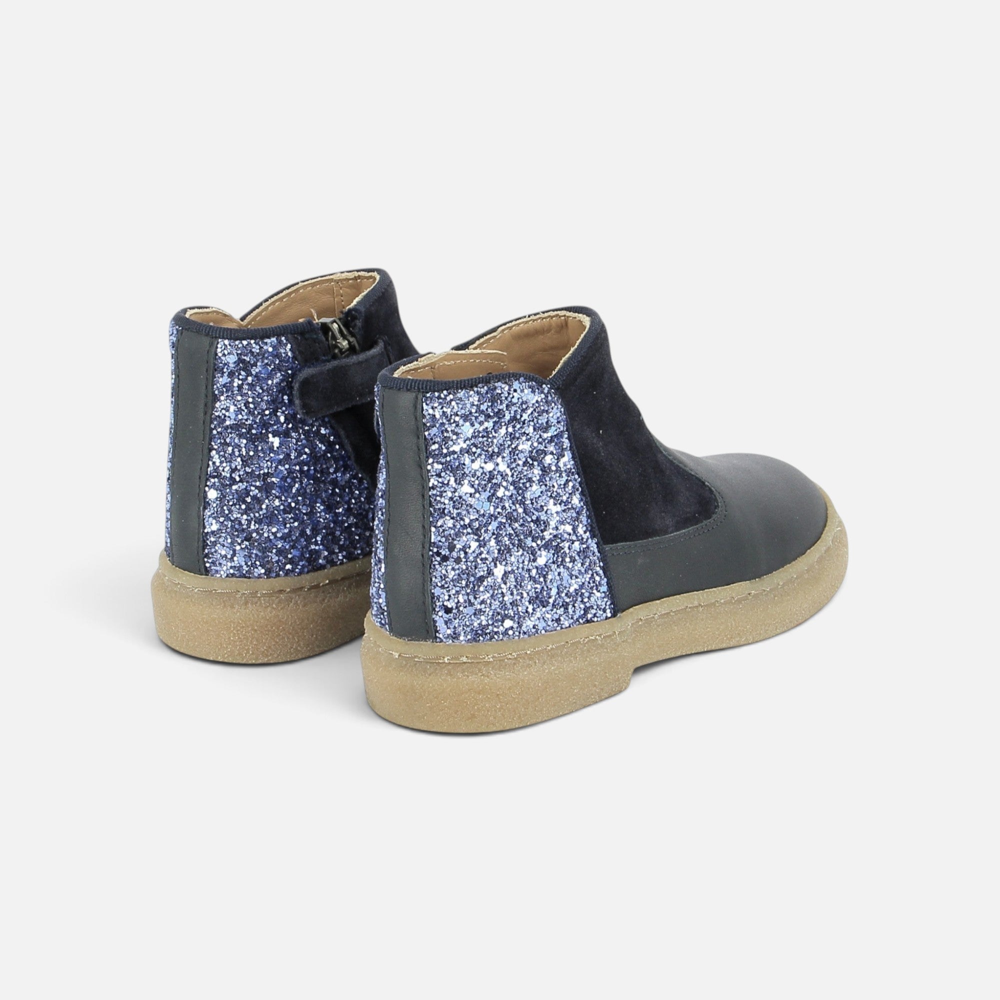 Bottines Pom d'Api Trix Back bleu marine en cuir et velours avec détails pailletés et fermeture zippée arrière