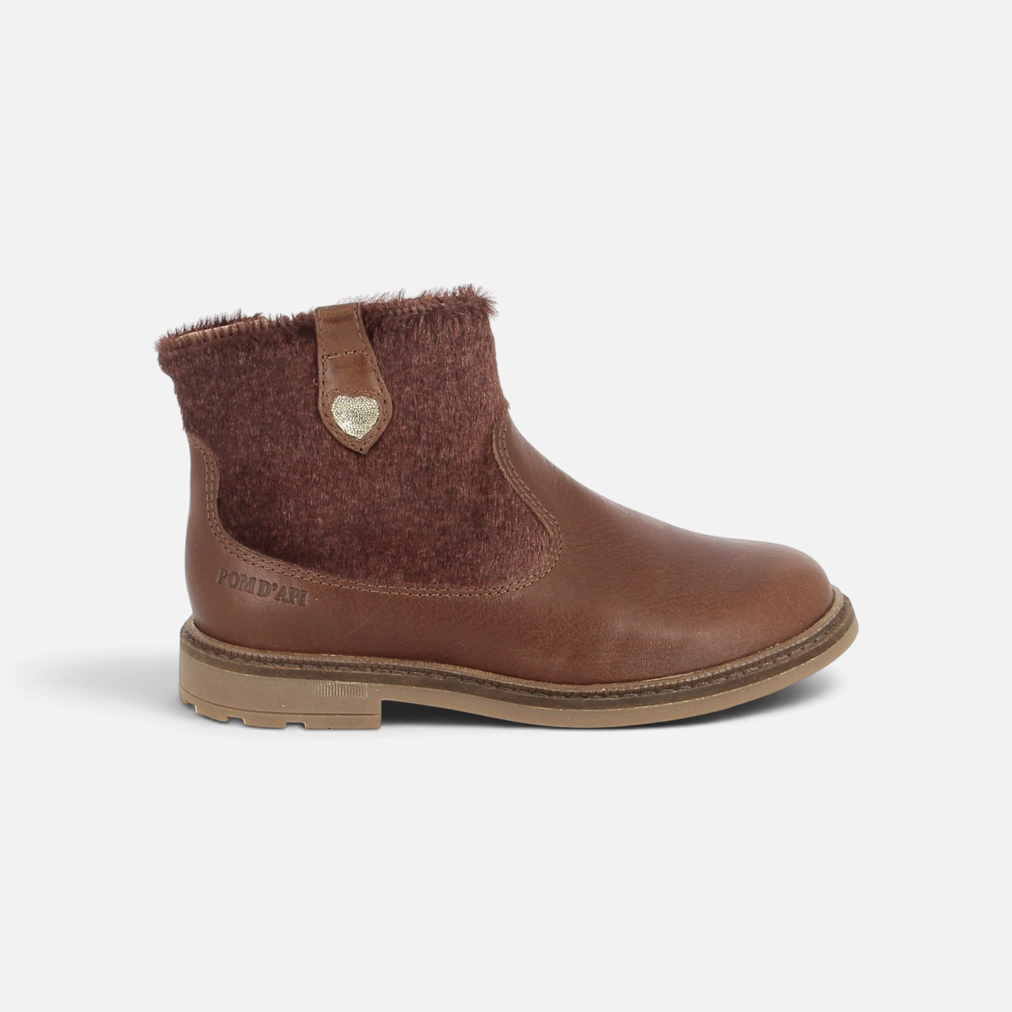Bottines Pom d'Api Sister marron en cuir lisse et cuir à poil ras avec détail cœur sur le côté
