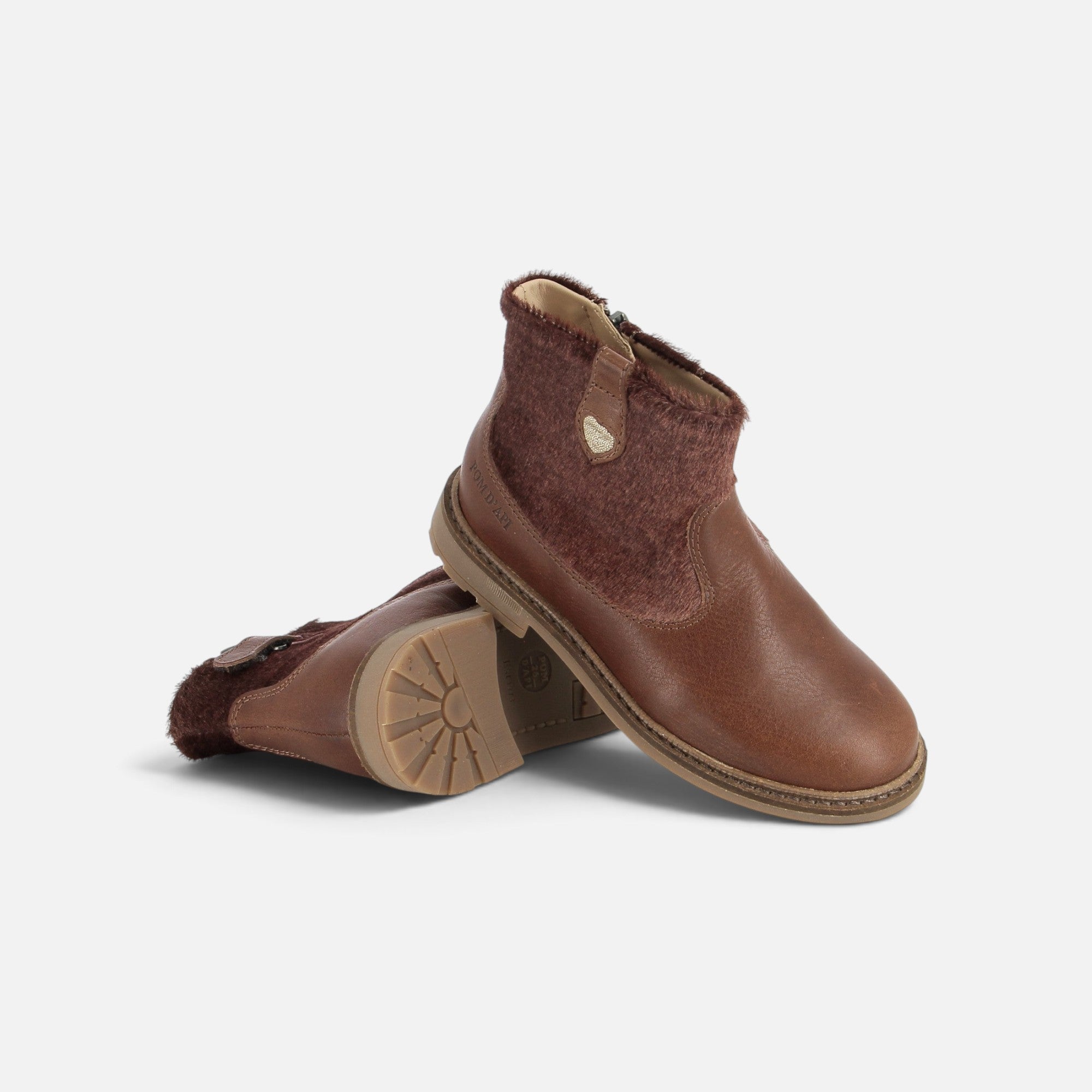 Bottines Pom d'Api Sister marron en cuir lisse et cuir à poil ras avec fermeture éclair latérale