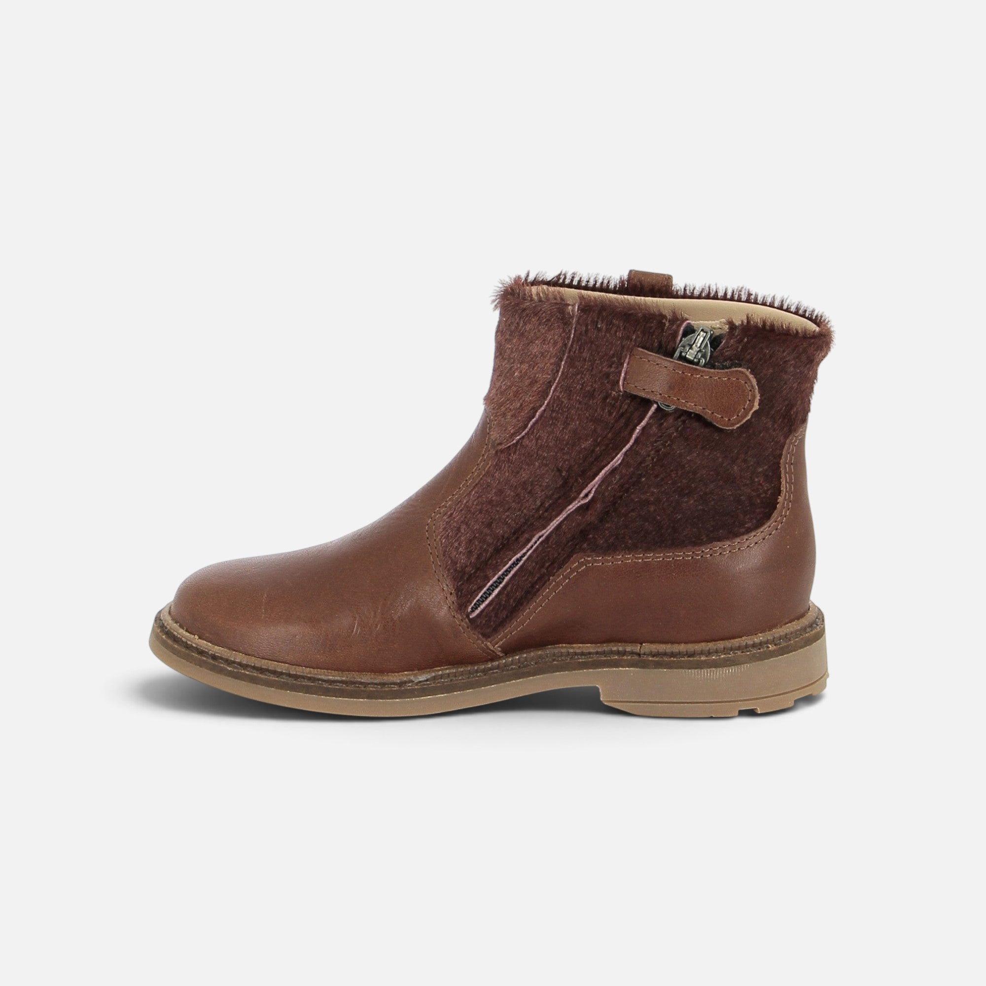 Bottines Pom d'Api Sister marron en cuir lisse et cuir à poil ras avec fermeture éclair latérale