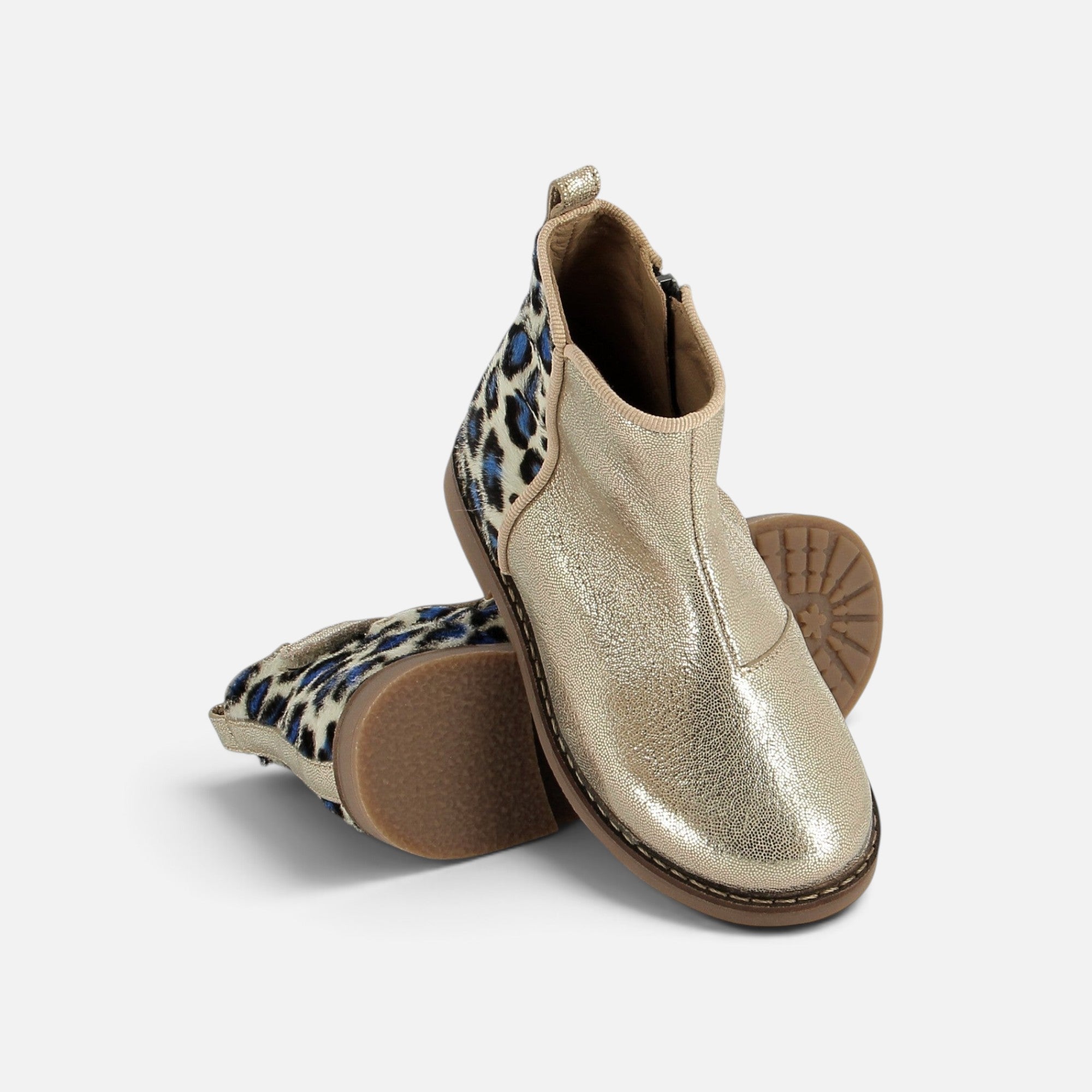 Bottines Pom d'Api Trip en cuir métallisé doré et cuir imprimé léopard avec fermeture zippée arrière