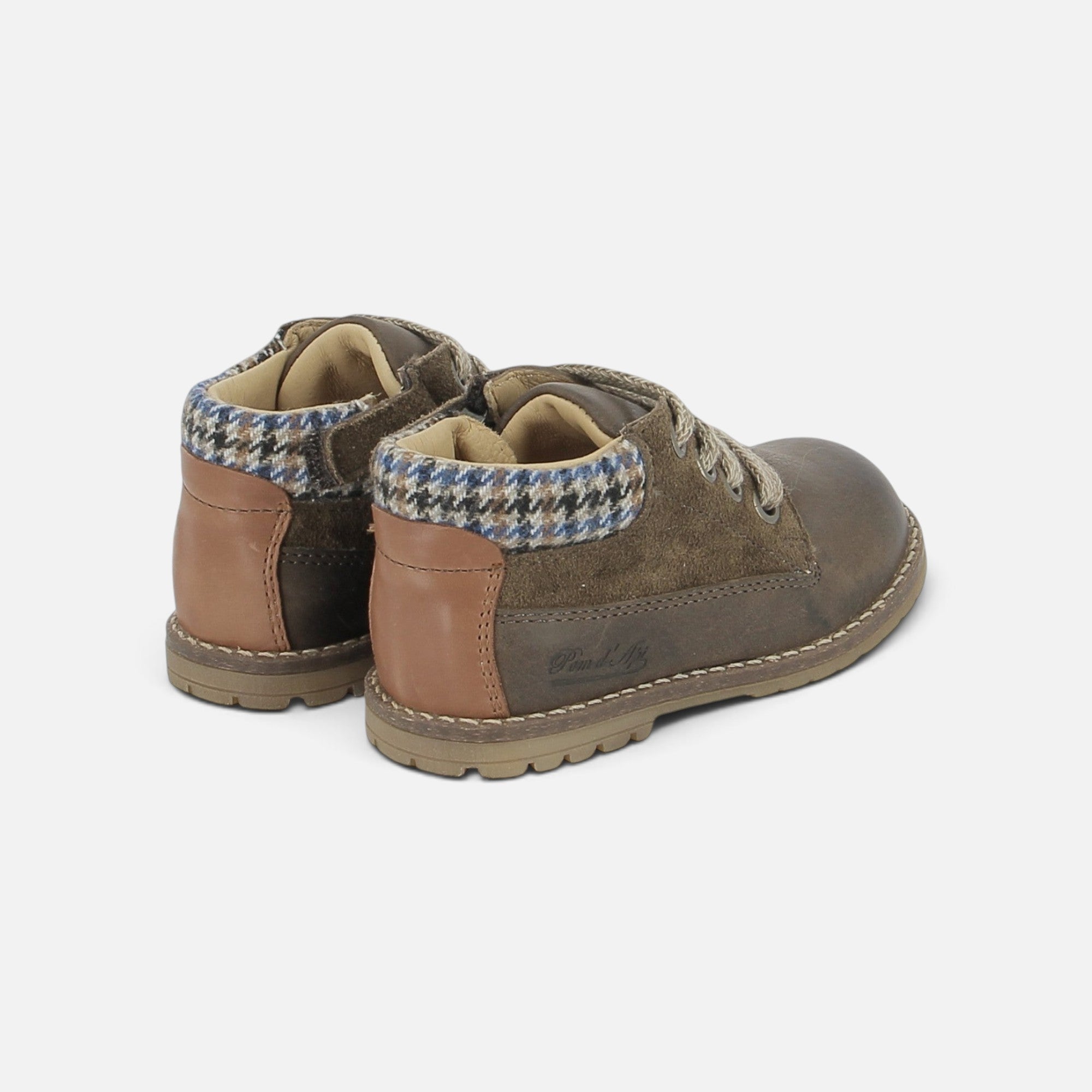 Bottines Pom d'Api Bob Zip Work en velours brun avec col matelassé à motif pied-de-poule et zip latéral pratique
