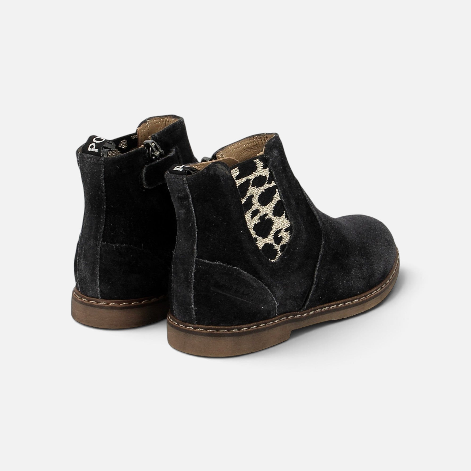 Bottines Pom d'Api City Jodzip en velours noir avec détail léopard sur le côté et fermeture éclair latérale