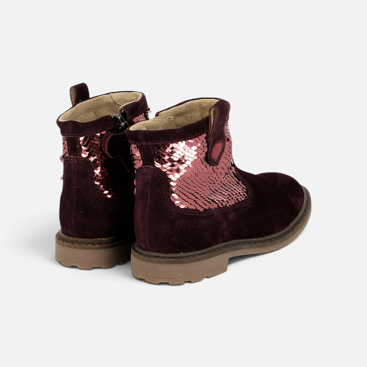 Bottines Pom d'Api Sister en velours grenat et sequins brillants avec fermeture éclair latérale