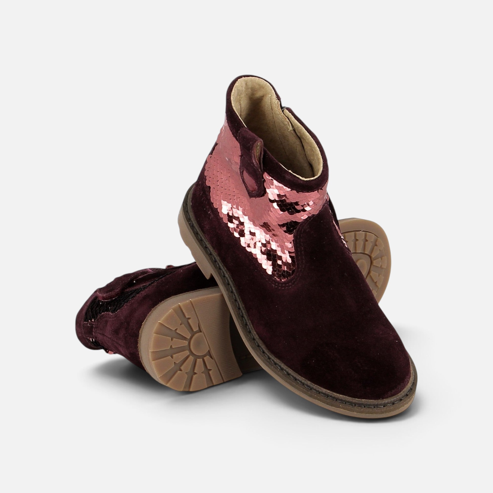 Bottines Pom d'Api Sister en velours grenat et sequins scintillants avec fermeture éclair latérale