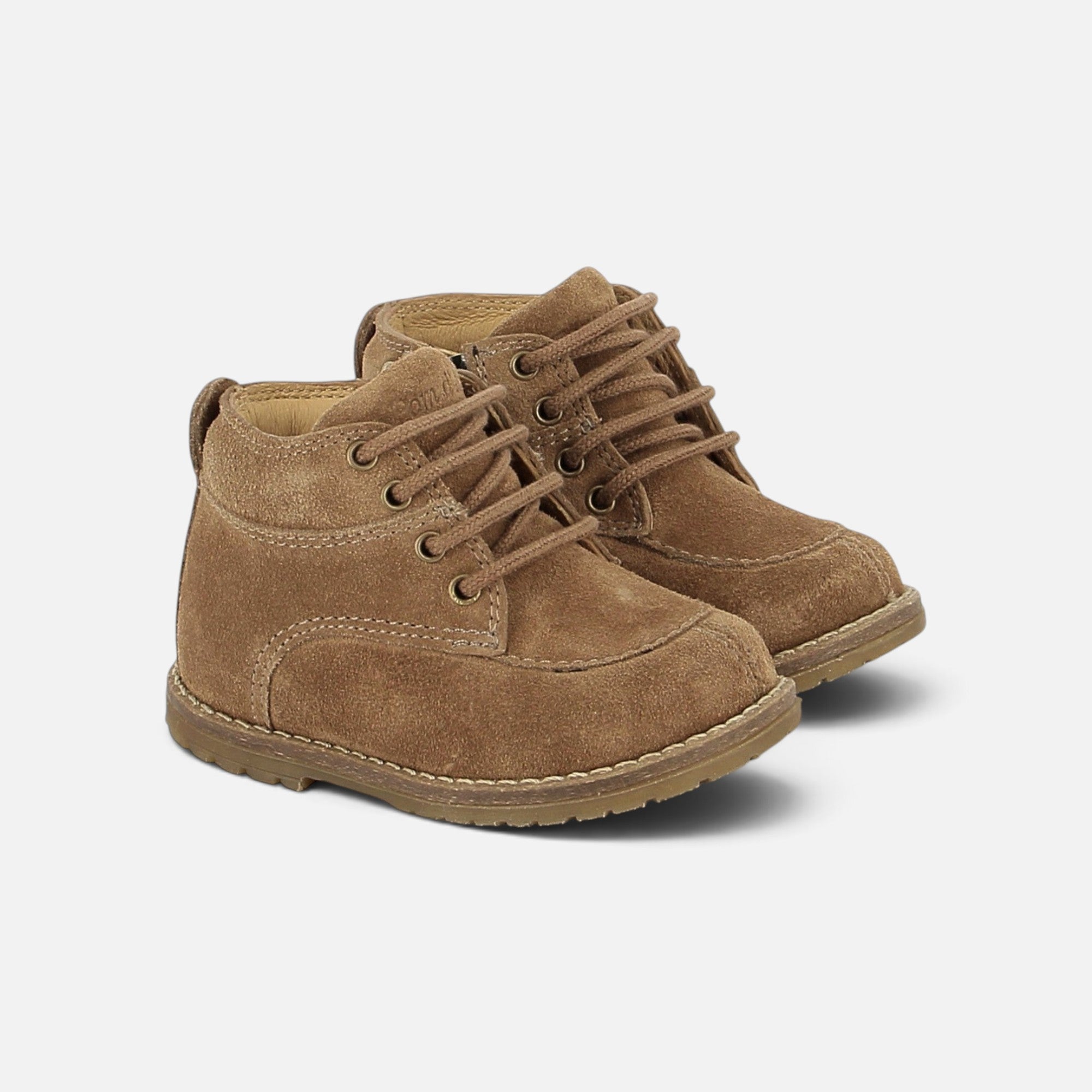 Bottines Pom d'Api Bob Hunter en velours tabac avec lacets, zip latéral et semelle antidérapante style workwear