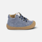 Pom d'Api Yaka barefoot shoes in blue denim suede with a flexible sole and laces for first steps
