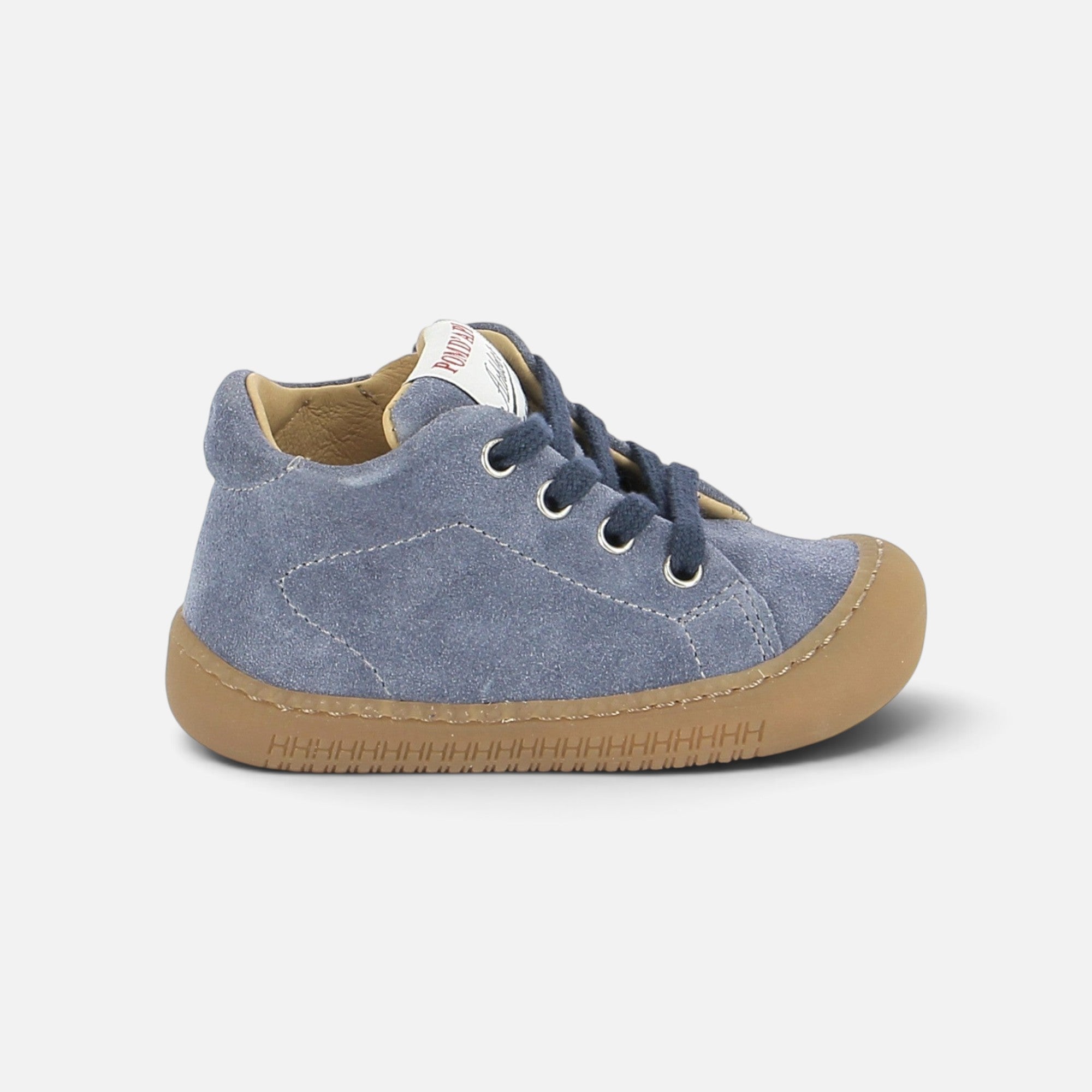 Chaussures barefoot Pom d'Api Yaka en velours bleu jeans avec semelle souple et lacets pour premiers pas
