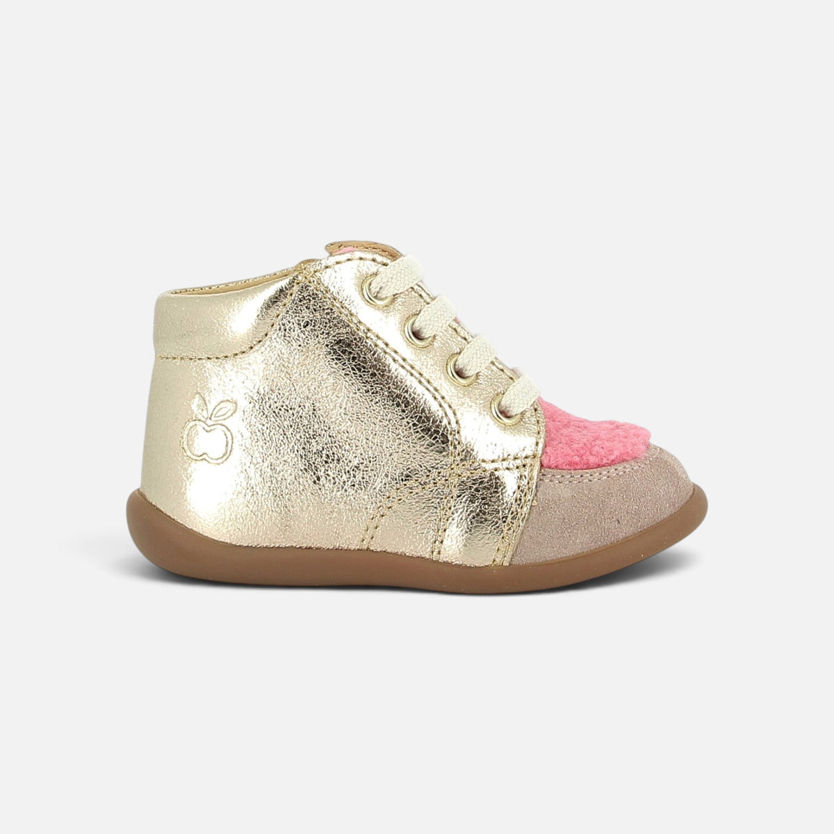 Chaussure premiers pas Pom d'Api en cuir doré et daim rose avec semelle souple et lacets