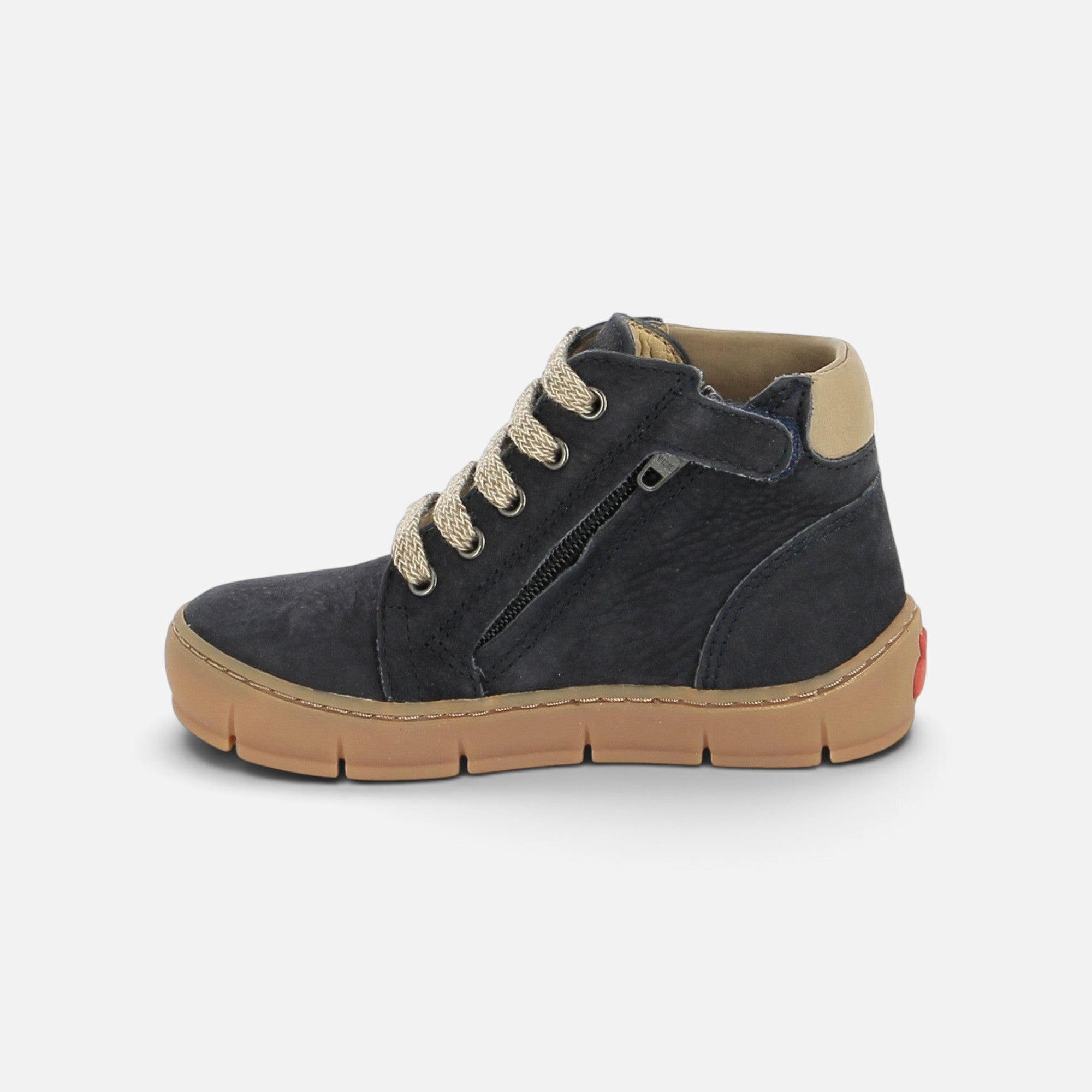 Chaussure montante Pom d'Api Start en nubuck bleu marine avec lacets beiges, zip latéral et semelle gomme contrastée